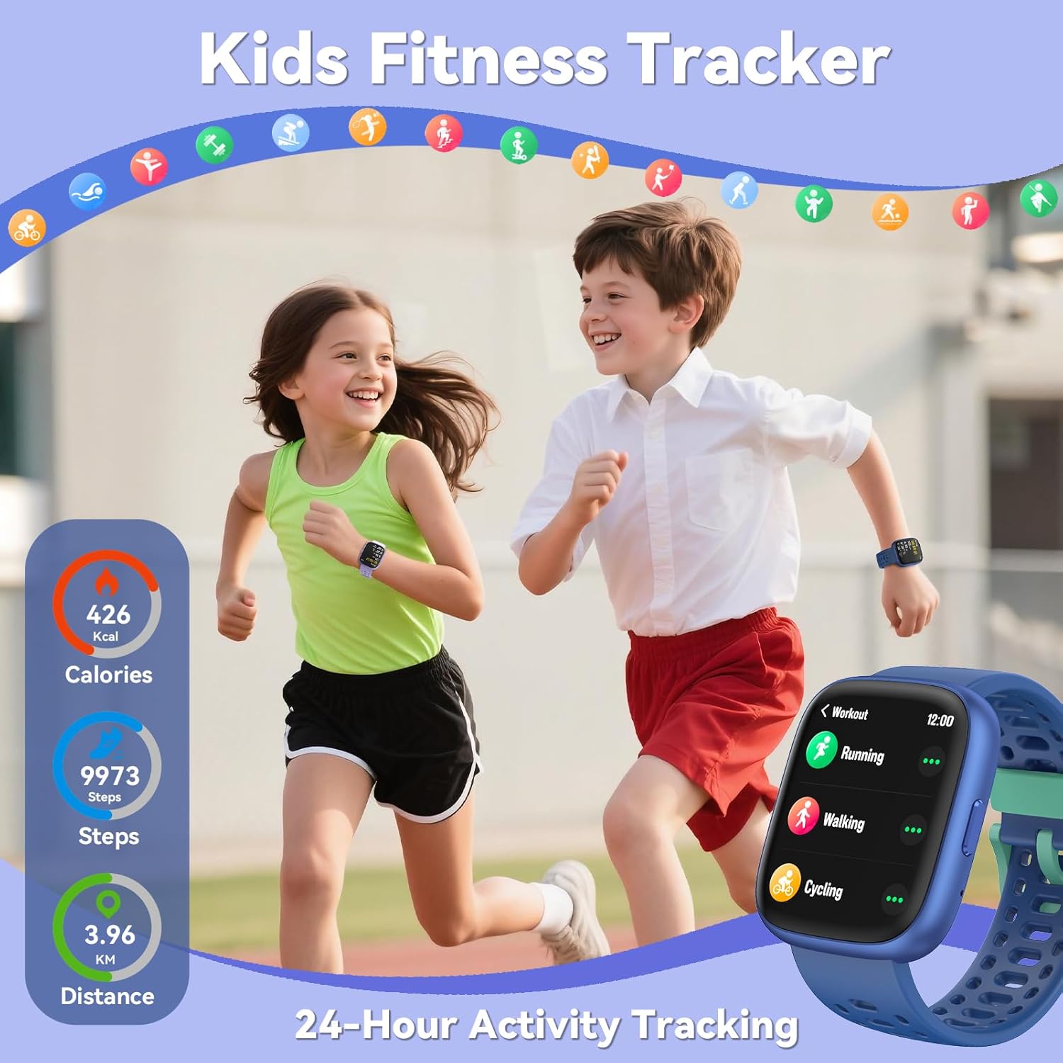 Fitness Tracker Watch for Kids, No APP/Phone Required Pedometer Watches Compatible with Apple Find My, Heart Rate, Sleep Monitor Calories Step Counter Waterproof Gifts for Boys Girls Ages 5-12