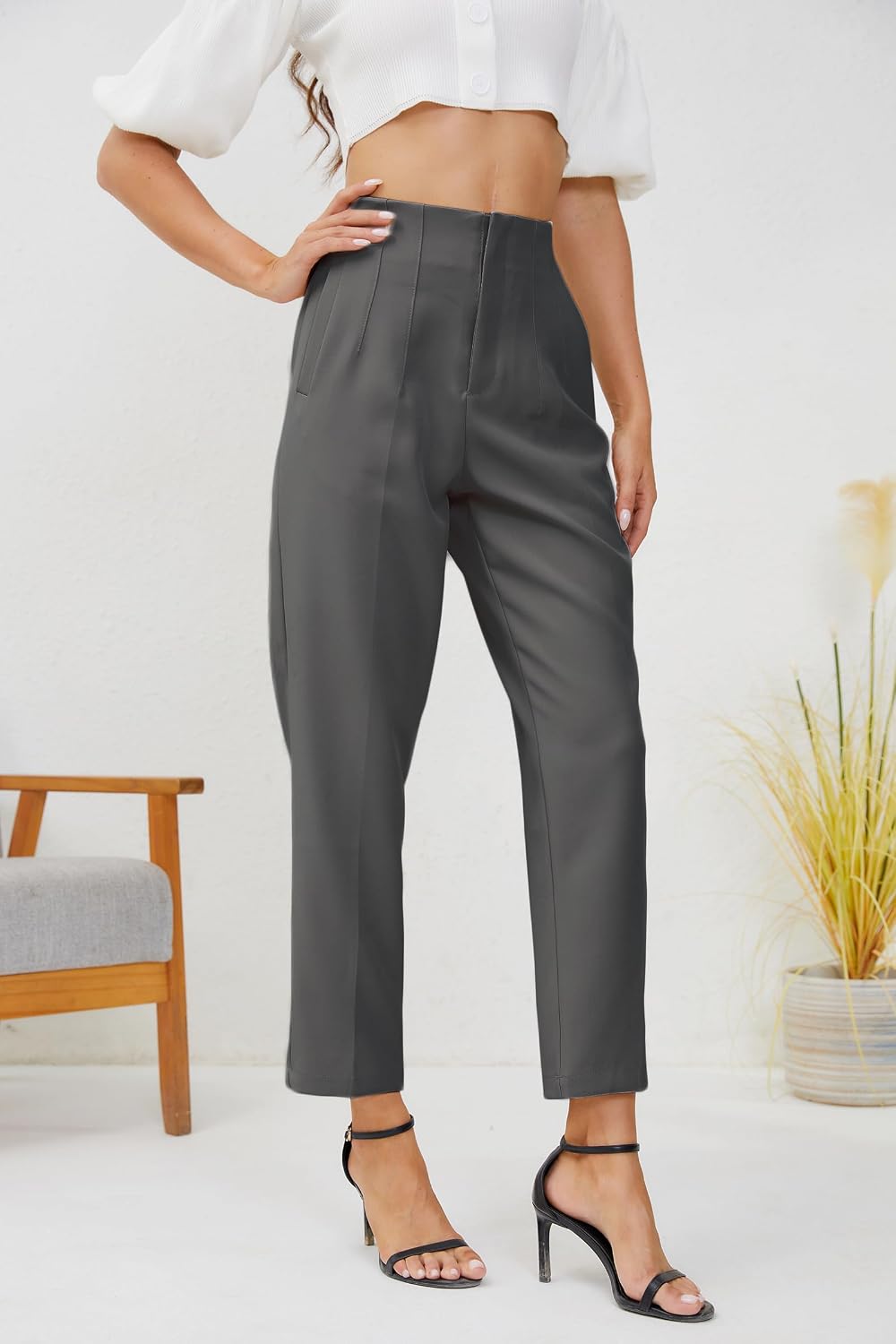 Women's High Waisted Business Trousers Straight Leg Pleated Office Slacks Pants