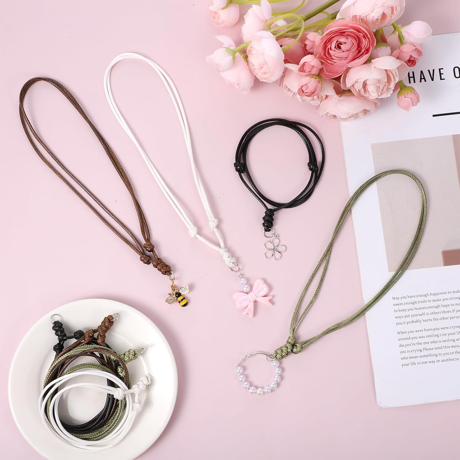 12 PCS Adjustable Rope Necklace for Men, 4 Colors Double Knotted Handmade Craft Necklaces with Metal Ring, Vintage Black Necklace Cord Rope for Hanging Pendants Men Women, 12.6-25.2 Inches - Image 2