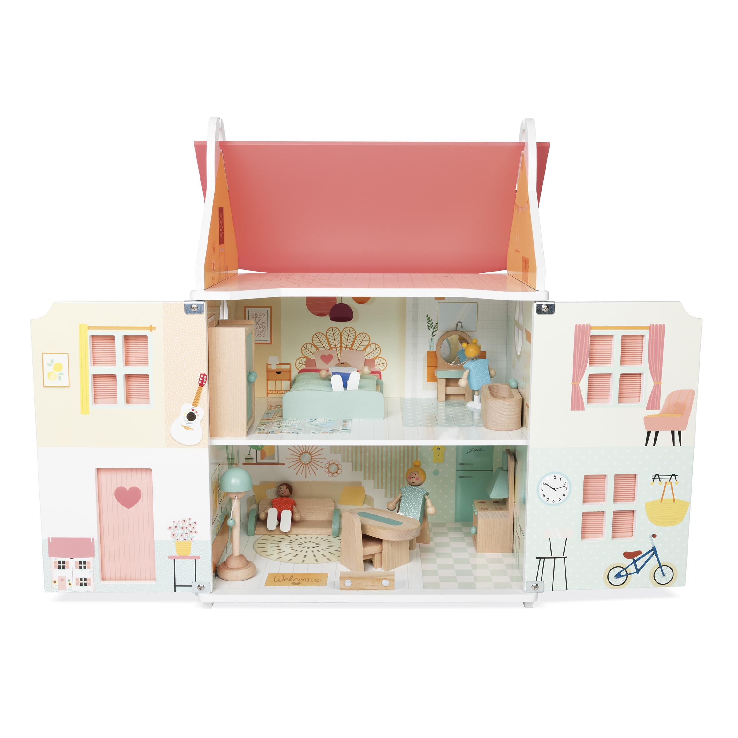 Janod - La mia Prima casa delle Bambole in Legno - 10 Accessori - Mobili per Bambole - Porte magnetiche e Tetto Rimovibile - Giocattolo in Legno FSC - dai 3 Anni