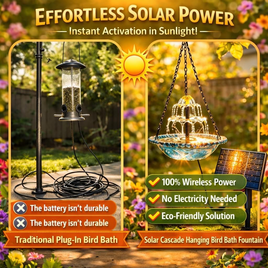 2026 New Solar Cascade Hanging Bird Bath Fountain, 2 Layer Cascading Bird Bath Fountains with Solars Pump & Glass Bowl, for Outdoor, Gardens (2 PCS)