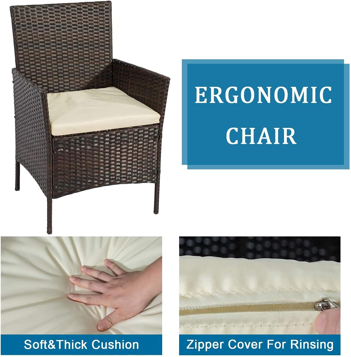 4 Pieces Outdoor Patio Rattan Furniture Sets, Wicker Outdoor Furniture Sets & Conversation Sets with Cushion, Outdoor/Indoor Rattan Wicker Chair with Coffee Table for Balcony Garden