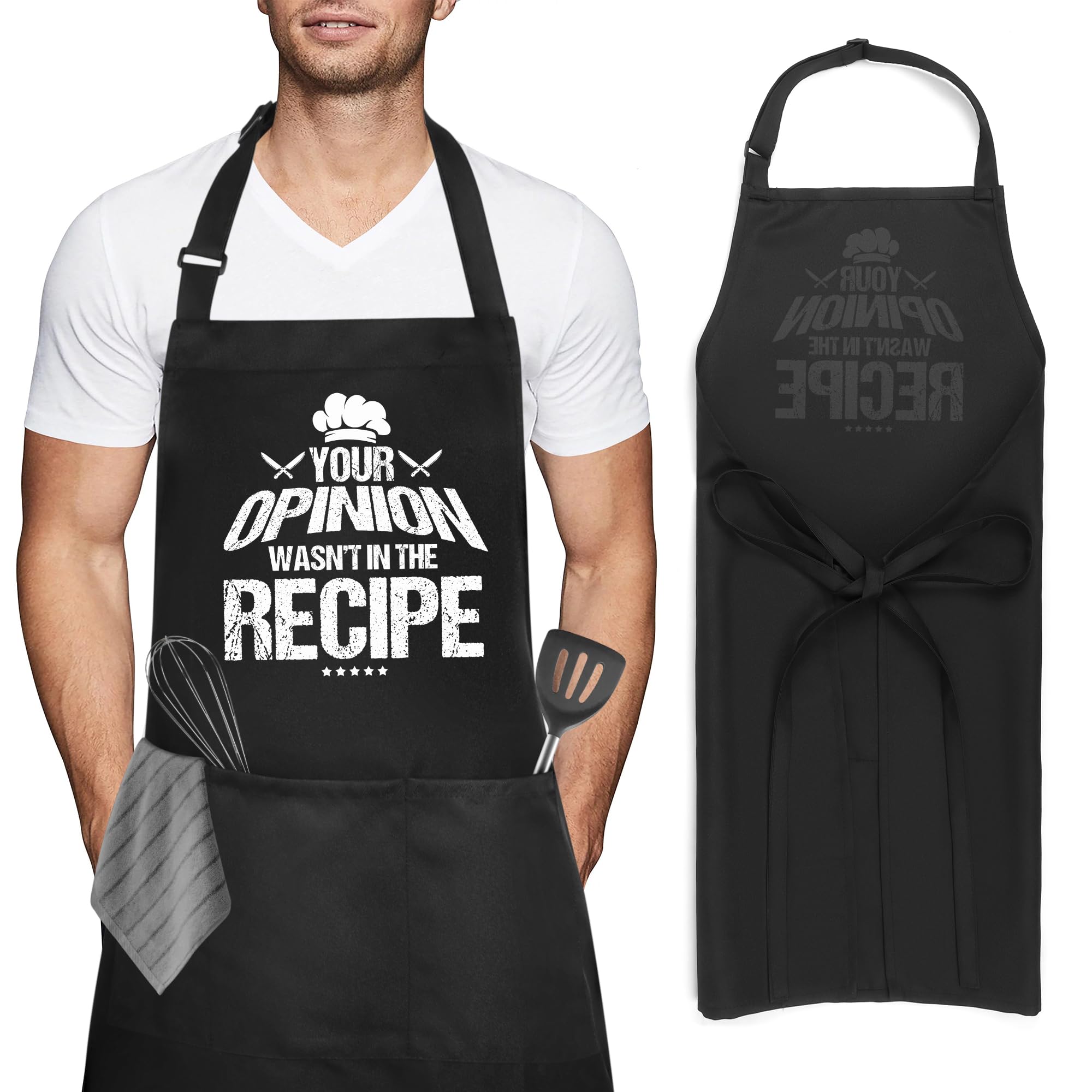 Iridsmole Divertidos delantales de cocina para hombres, "You Opinion WASN'T IN THE RECIPE", delantales divertidos para barbacoa para mujeres con bolsillos, regalo ideal de Navidad para hombres, marido