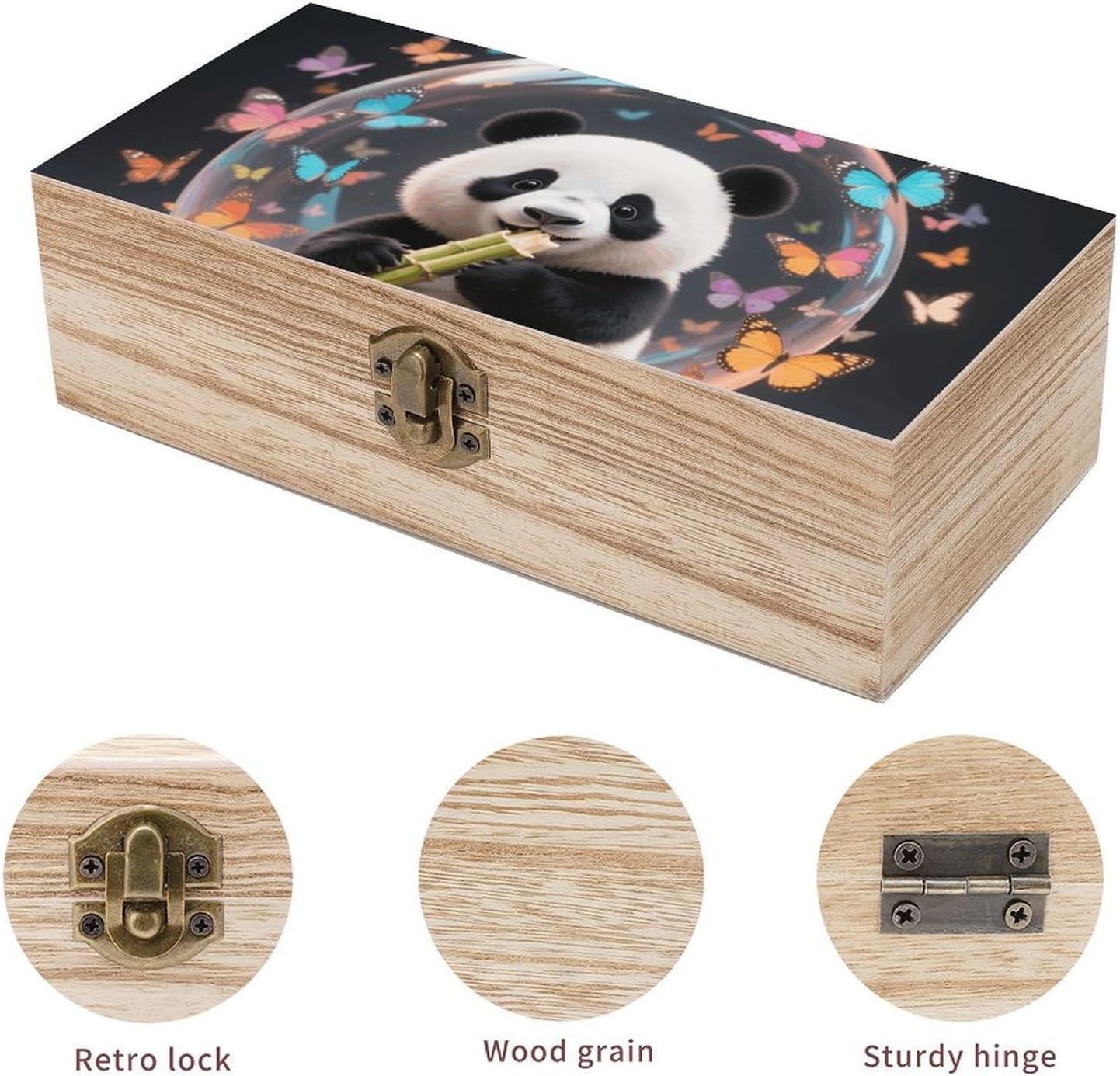Orange Bubble Windmill Panda Wooden Storage Box Elegant Retro Jewelry Box with Hinged Lid Decorative Keepsake Boxes Decor Handmade Organizer Boxes for Wedding, Party, Gift, Diy Craft, Home Decor image 3