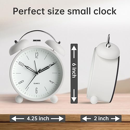 Miniatura 7 de Reloj despertador analógico, reloj pequeño súper silencioso de 4 pulgadas sin tictac con luz nocturna, funciona con pilas, diseño simple, alarma