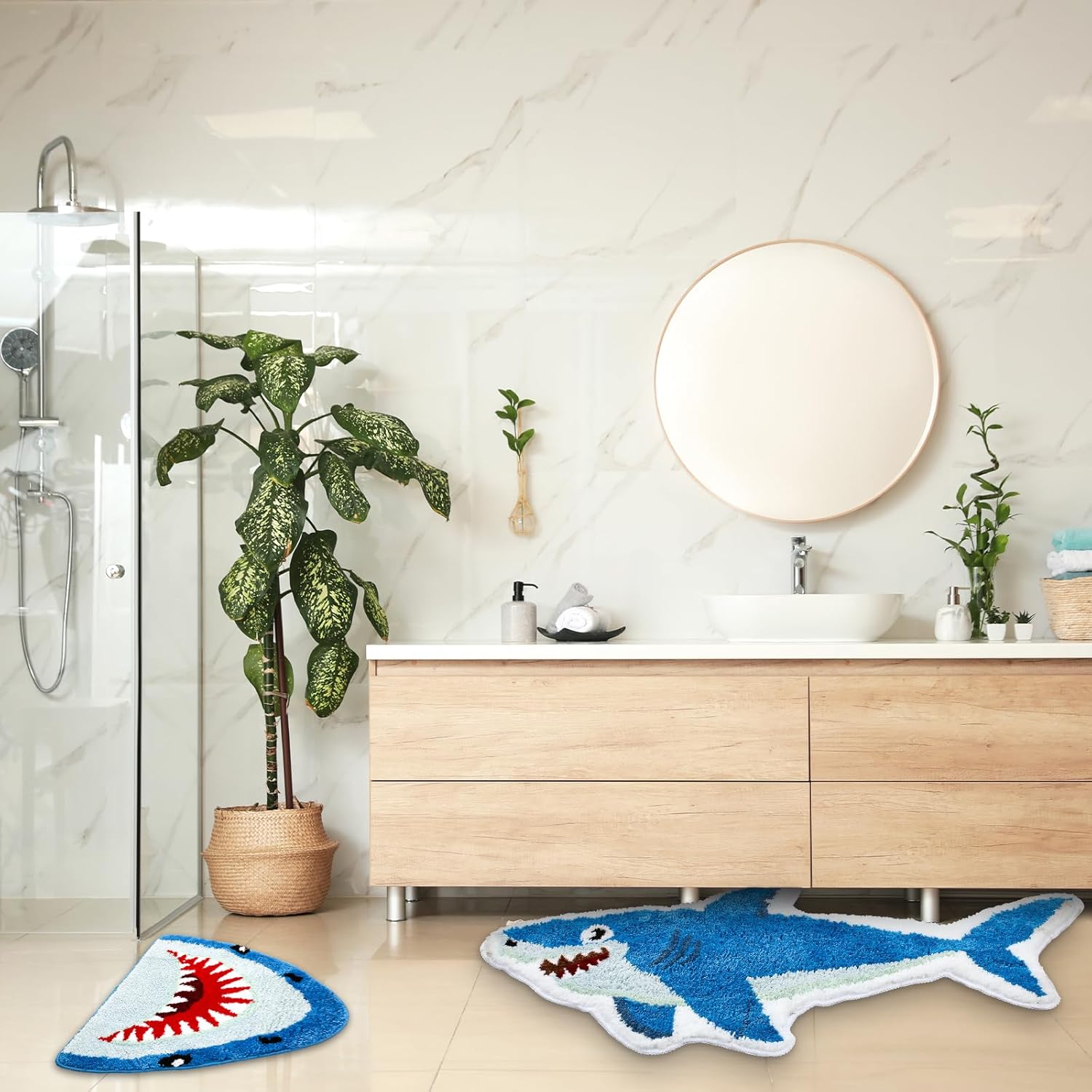 Tondiamo 2 Pcs Shark Shaped Bathroom Rugs Bath Mat Non Slip Bath Rug Absorbent Soft Microfiber Cute Washable Floor Mat for Kids Room Aesthetic Kids' Room Decor 40 x 22 Inches, 24 x 24 Inches