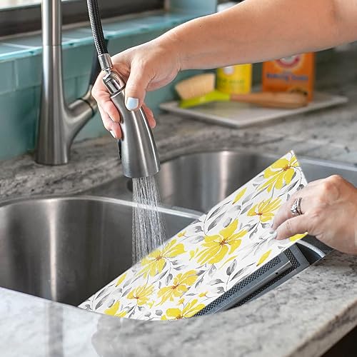 Miniatura 7 de Juego de 4 manteles individuales florales, manteles individuales de PVC lavables, manteles individuales de vinilo tejido con flores amarillas