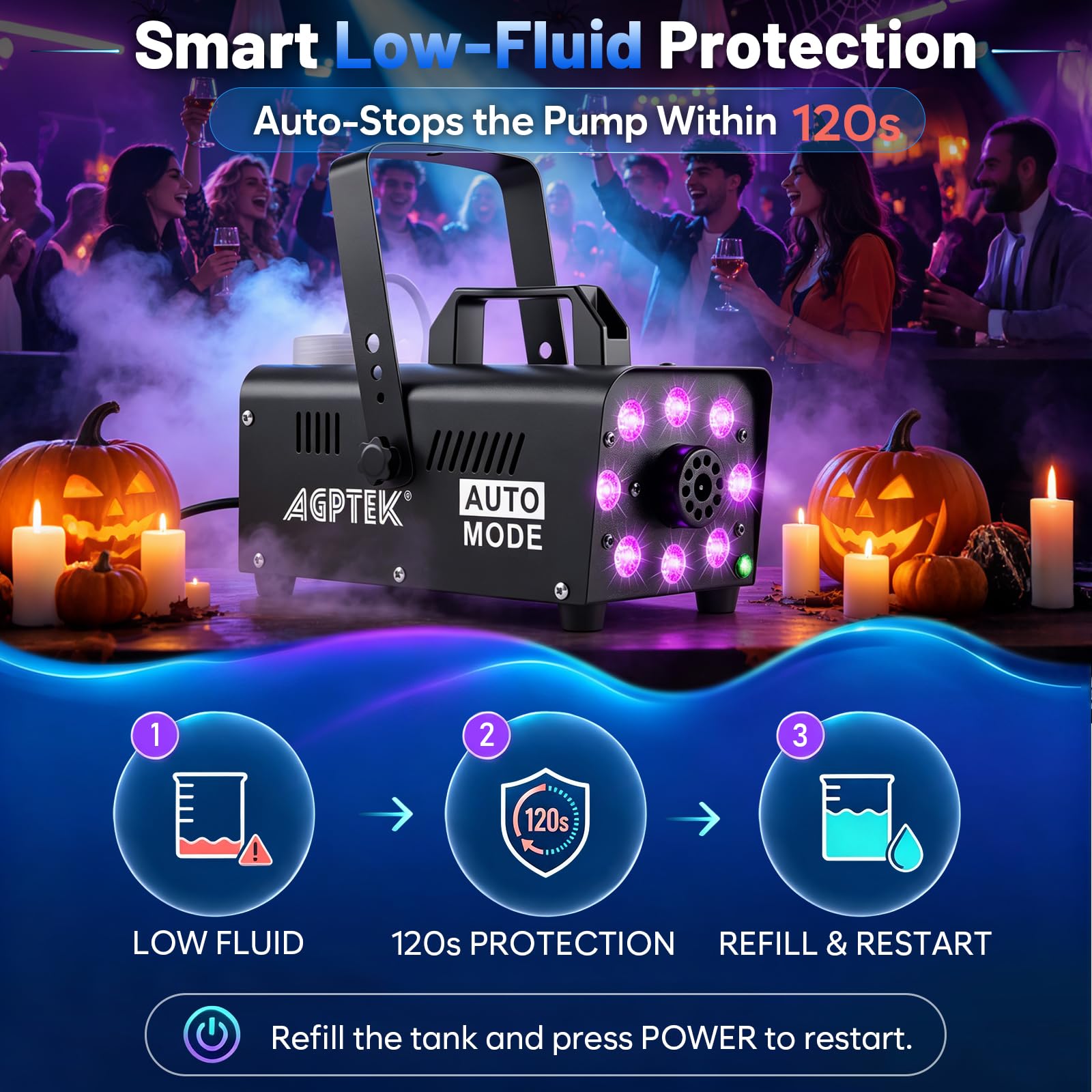 AGPTEK Fog Machine, 12 Colors, 600W Smoke Machine, Low Fluid Auto Shutoff — Amazon image 3