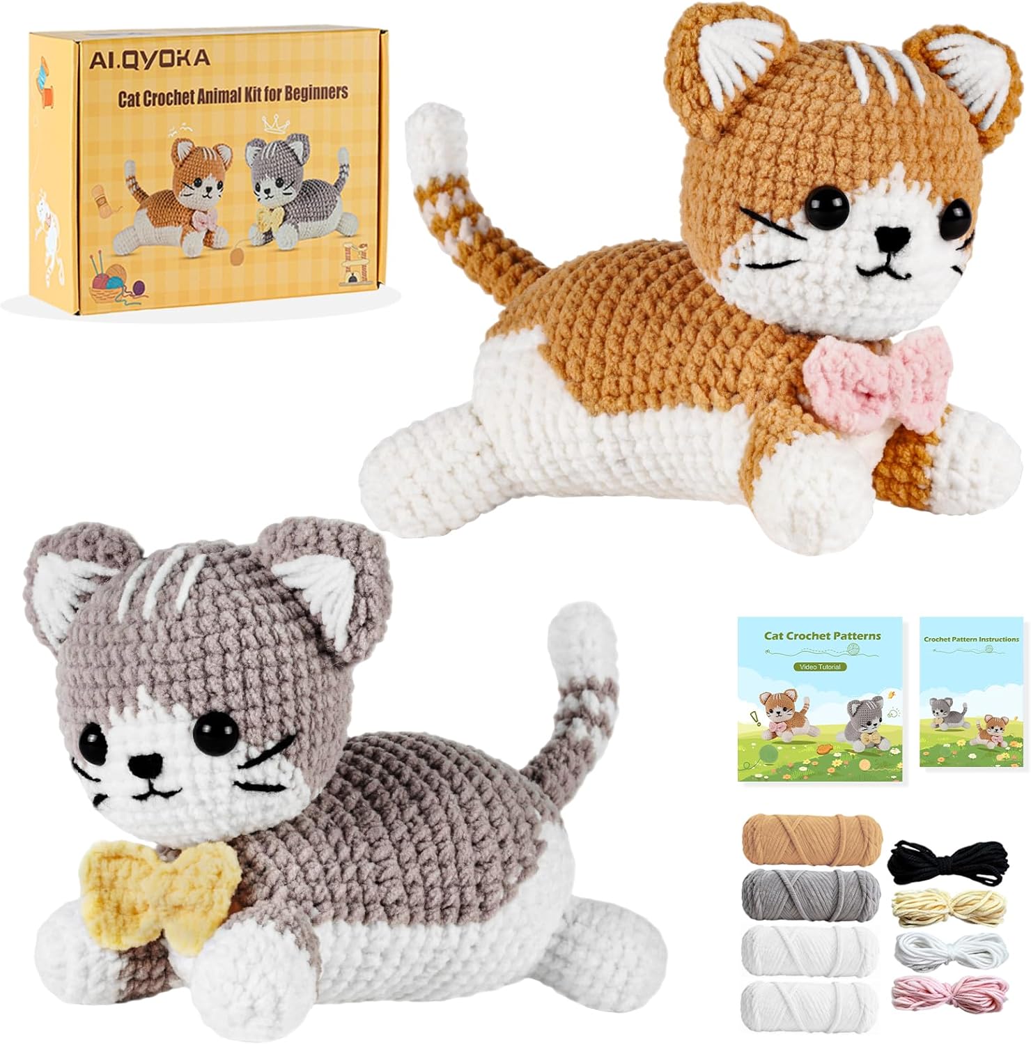 AI.QVOKA Crochet Kit for Beginners Kids Ages 8-12, Learn to Crochet Kit for Adult Beginners | Cat Crochet Animal Kit with Step-by-Step Video Tutorials – Perfect Crochet Gifts for Girls (2 Pack)