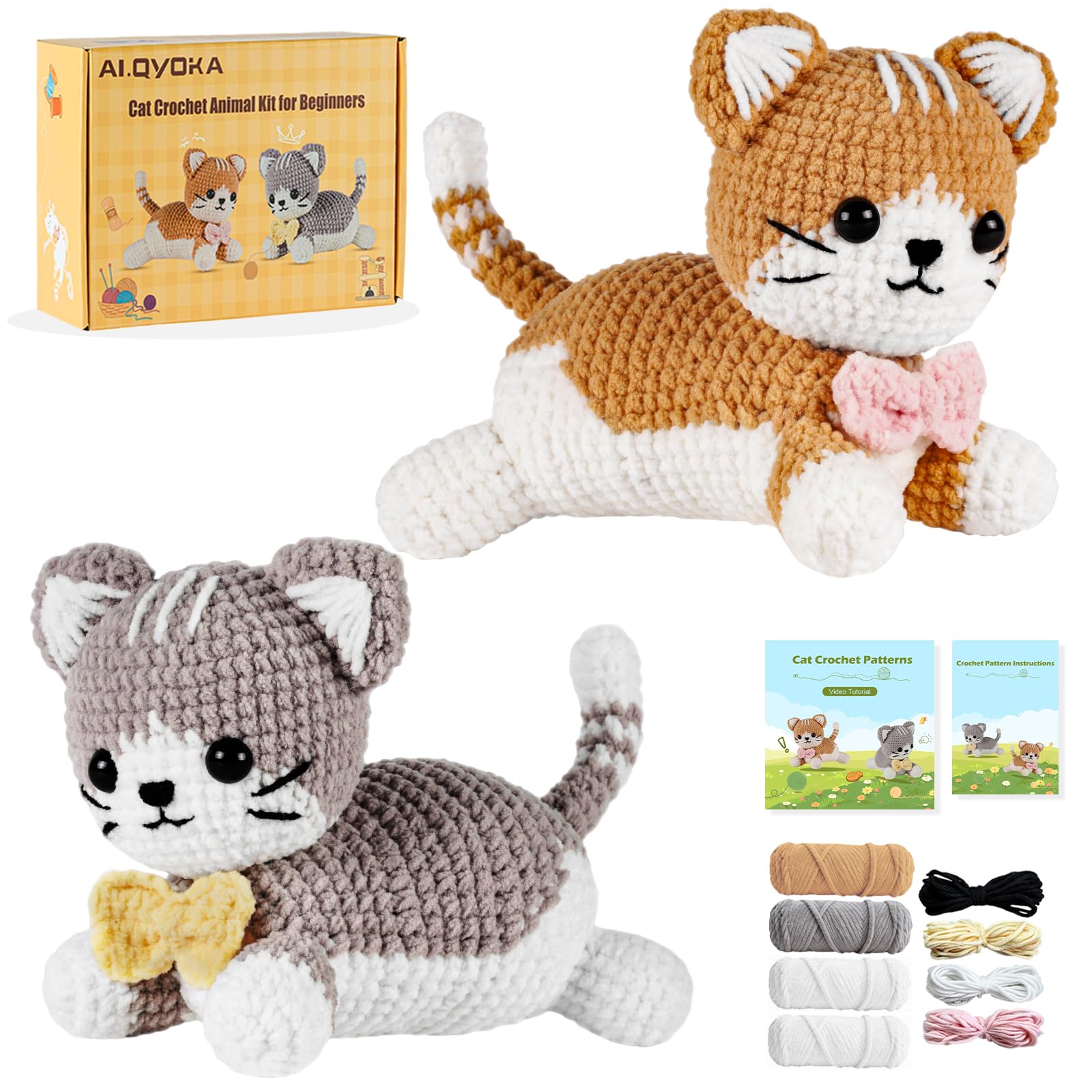 AI.QVOKA Crochet Kit for Beginners Kids Ages 8-12, Learn to Crochet Kit for Adult Beginners | Cat Crochet Animal Kit with Step-by-Step Video Tutorials – Perfect Crochet Gifts for Girls (2 Pack) - 1