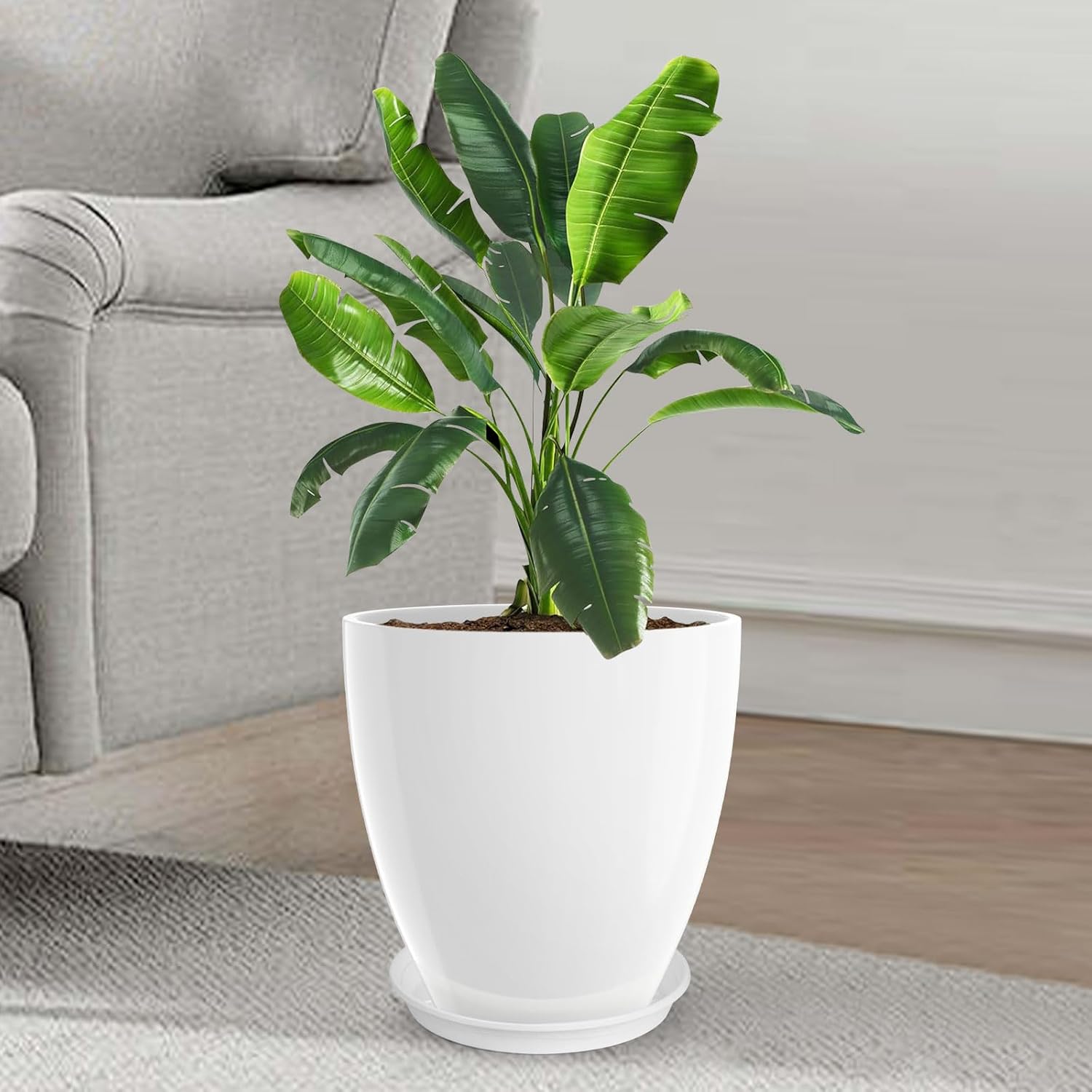 GameXcel Flower Pot Indoor - Outdoor Plant Pot - White Glossy Planter - Elegant Ceramics Imitation - 12" Diameter 12" Tall with Drainage Holes and Saucer