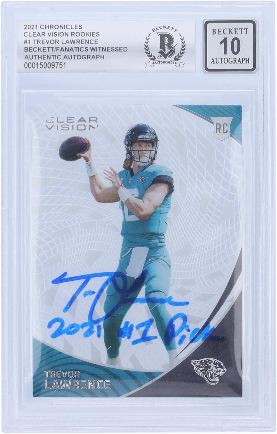 Trevor Lawrence Jacksonville Jaguars Autographed 2021 Panini Chronicles Clear Vision #CVR-1 Beckett Fanatics Witnessed Authenticated 10 Rookie Card with "2021#1 Pick" Inscription - Football Slabbed