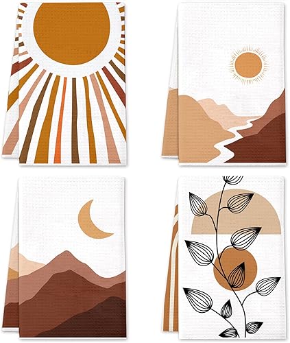 Lebsitey Toallas de cocina bohemias, paquete de 4 toallas de té bohemias de montañas, ríos, sol y luna, paños de secado absorbentes para cocinar y