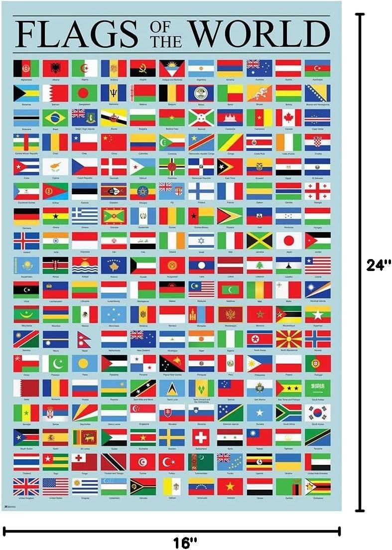 Flags of the World Poster Geography Classroom Decor 2026 International Country Reference Chart Cool Wall Art Print Poster 16x24