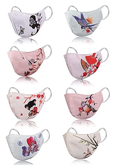 BIGXEN Cotton Mask for Men/Women Pack of 8, Skin Friendly Reusable Washable Fabric, Adjustable Light Weight & Comfortable Cloth Masks Without Valve ( Bird Theme Design)