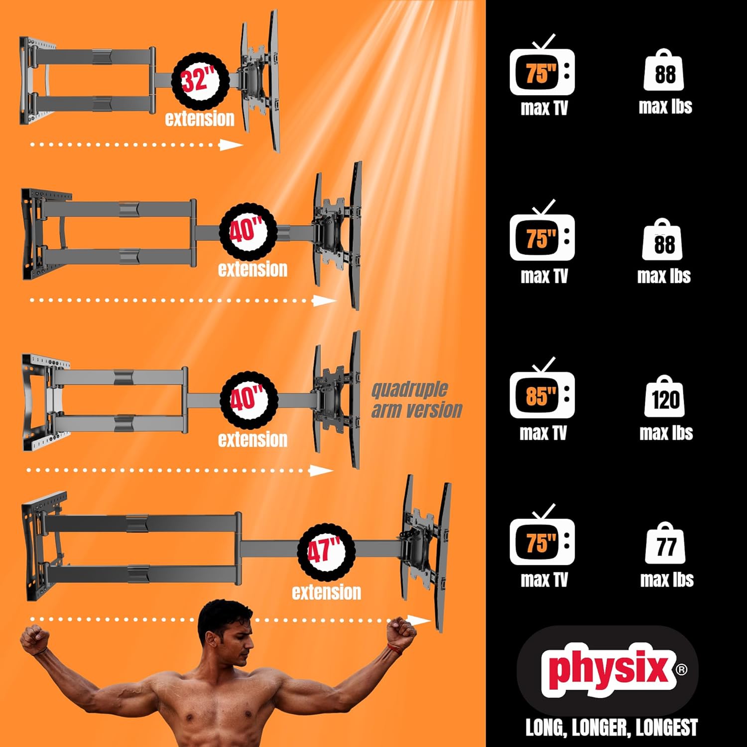 Physix 4100 Long Arm TV Wall Mount for 32-85 inch Screens Extra Long Extension Up to 40 Inch Heavy-Duty TV Mount Holds up to 120 lbs Full-Motion, Swivels Up to 180° Max. VESA 600x400