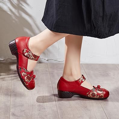MOYOWEI Women's Print Woven Leather Mary Jane Dress Pumps | Vintage Comfort Closed Toe Low Block Heels Soft Sole Oxford Casual Shoes