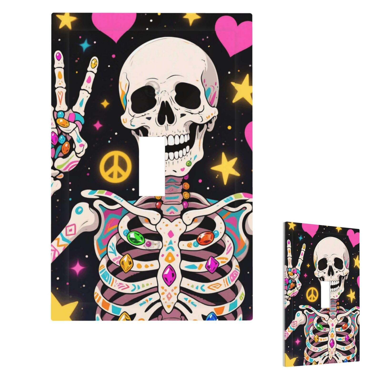 Hippie Skull Wall Plate Cover Modern Decorative 1 Gang Light Switch Cover Unbreakable Receptacle Outlet Covers For Living Room Bedroom Home Decor Single Toggle