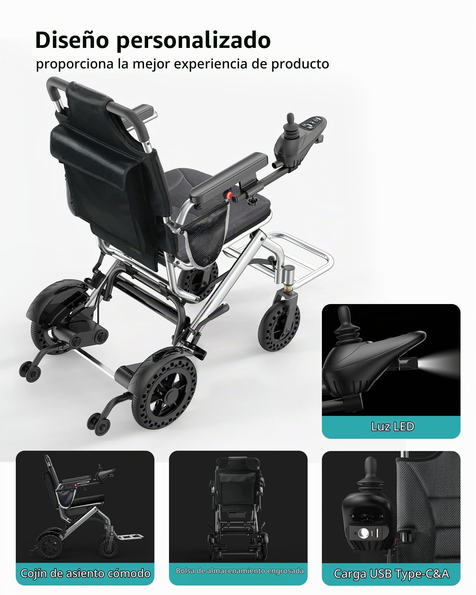 Sillas de Ruedas Eléctricas Ligeras de 15 KG para Adultos — Soporta hasta 150 KG, Autonomía de 24 KM y Apta para Viajes en Avión — Motor de 360 W para Uso en el Hogar, Exteriores y Viajes, Plata