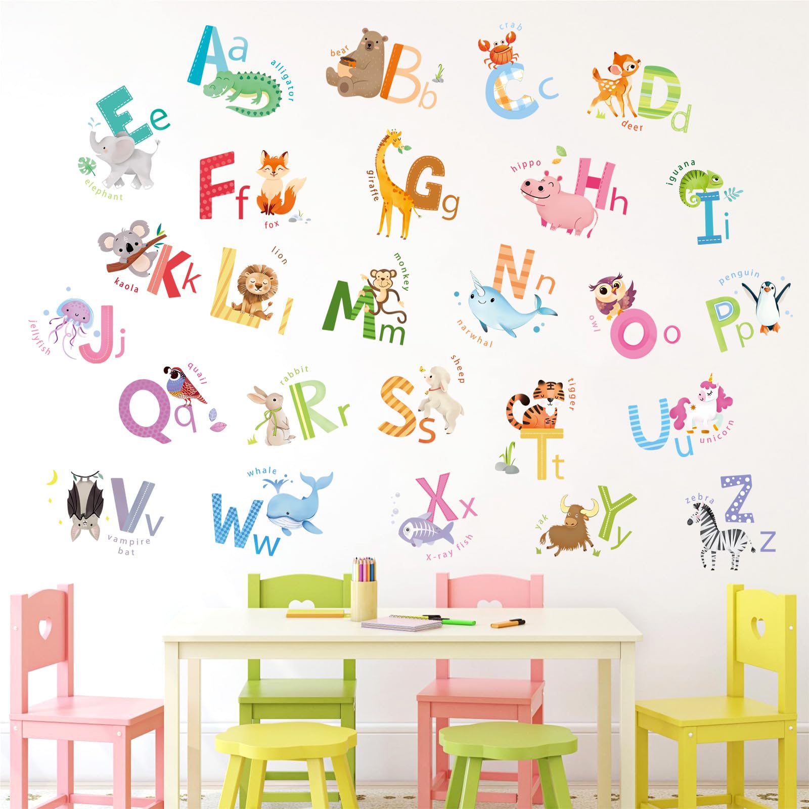 Lindas Calcomanías de Pared de Alfabeto de Dibujos Animados con Animales, Pegatina de Pared Educativa Extraíble para Niños Dormitorio Guardería Aula