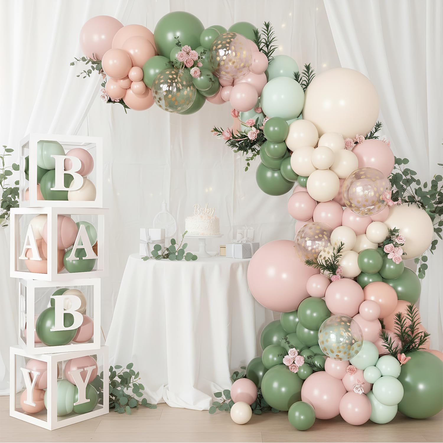 Acidea Baby Shower Decorations, 152Pcs Sage Green Pink Balloon Arch Kit, Balloons Baby Boxes with Letters for Boy or Girl Birthday Baby Shower Decorations Gender Reveal Party Supplies