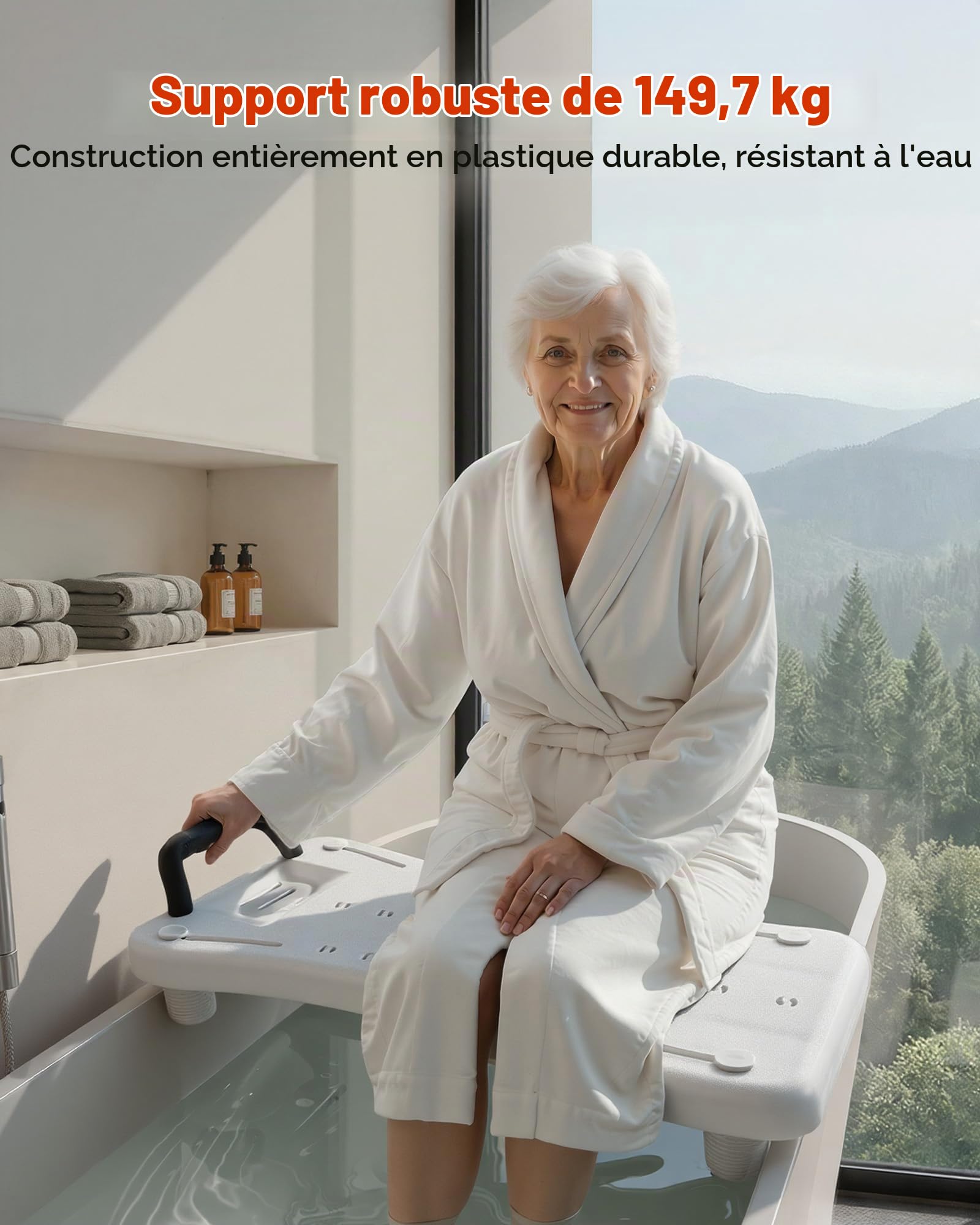 VEVOR Planche de Bain, Banc de Transfert pour Baignoire avec Poignée, Capacité de 150 kg, Pieds Antidérapants Réglables pour Adultes, Personnes Âgées et Handicapés, pour Baignoires de 41 cm à 62 cm