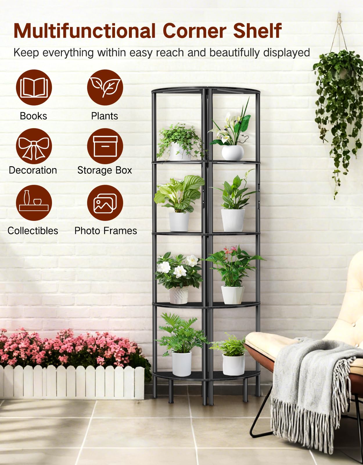 5-poziomowy narożny regał 169 cm z regulowanym oświetleniem LED, dotykowym i zdalnym sterowaniem, 3 barwy światła – wysoki, wąski regał do salonu, sypialni i małych przestrzeni