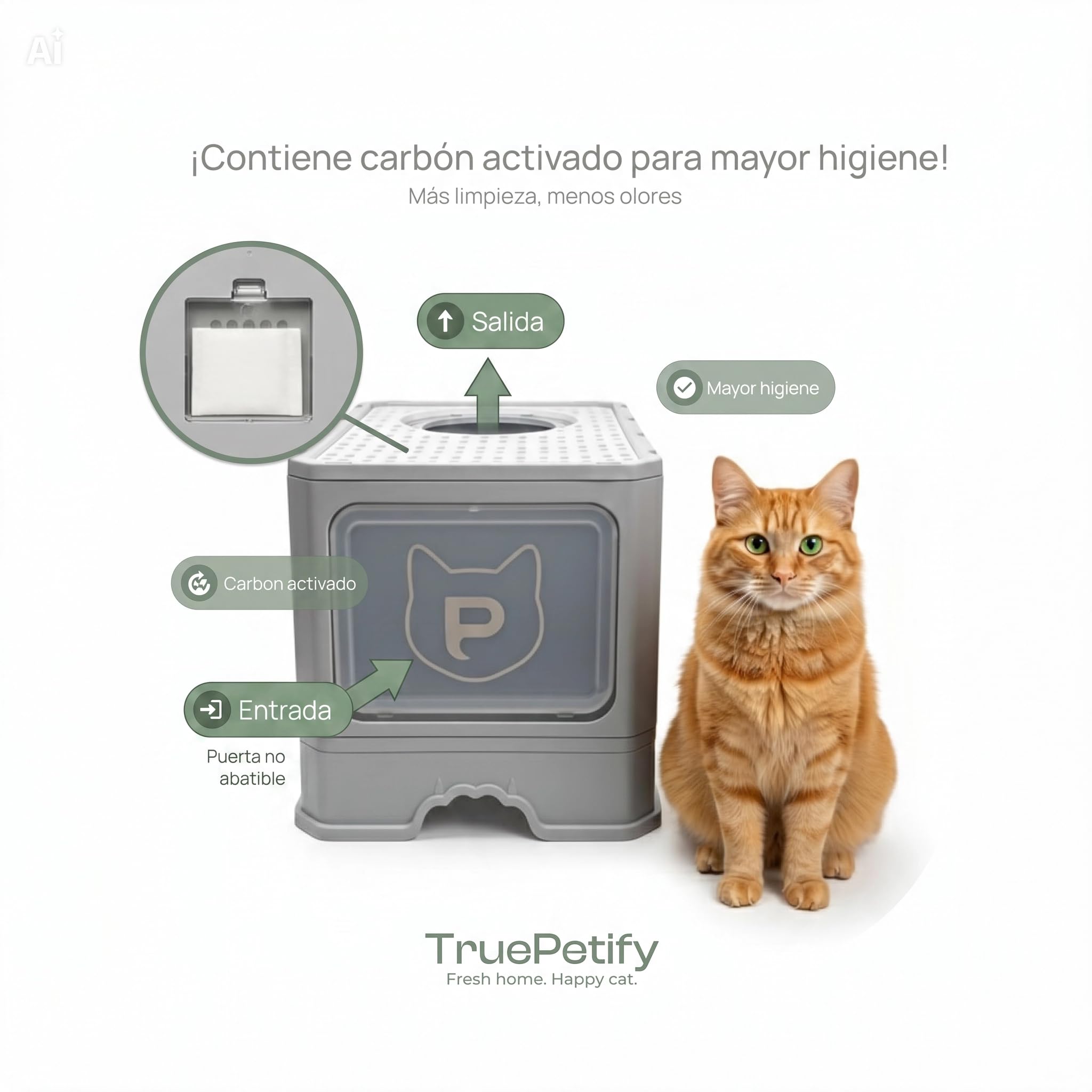 Arenero Gato Cerrado Premium – Sin Olores con Filtro de Carbón, Diseño Elegante, Bandeja Extraíble Fácil Limpieza, Incluye Pala – TruePetify