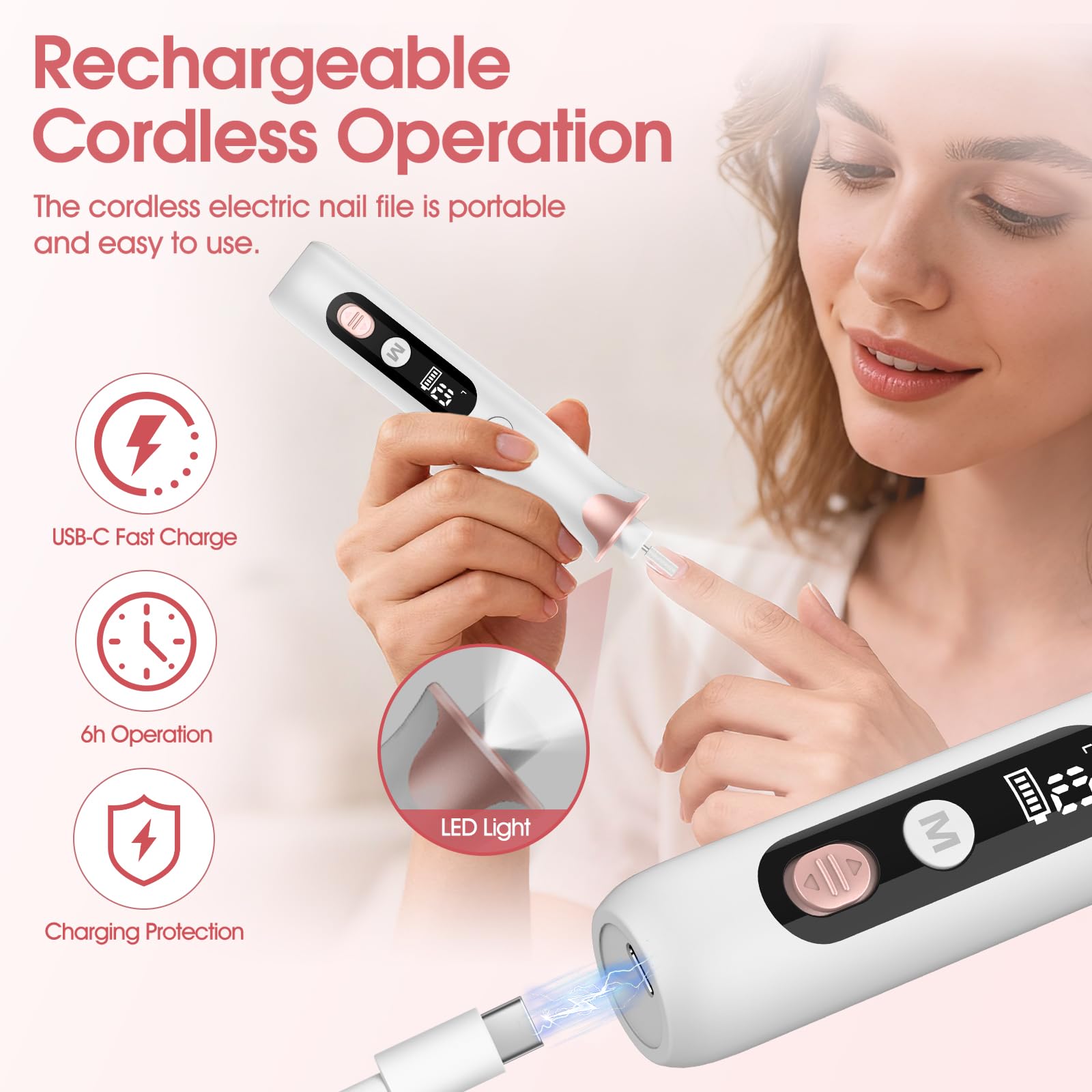 Professionelles Maniküre Pediküre Kit, 10 Geschwindigkeiten Elektrische Nagelfeile für Hand Fußpflege Nagelschleifen Trim Polish, Kabelloser Nagelbohrer Nagelpuffer für Frauen Männer Baby Haustiere