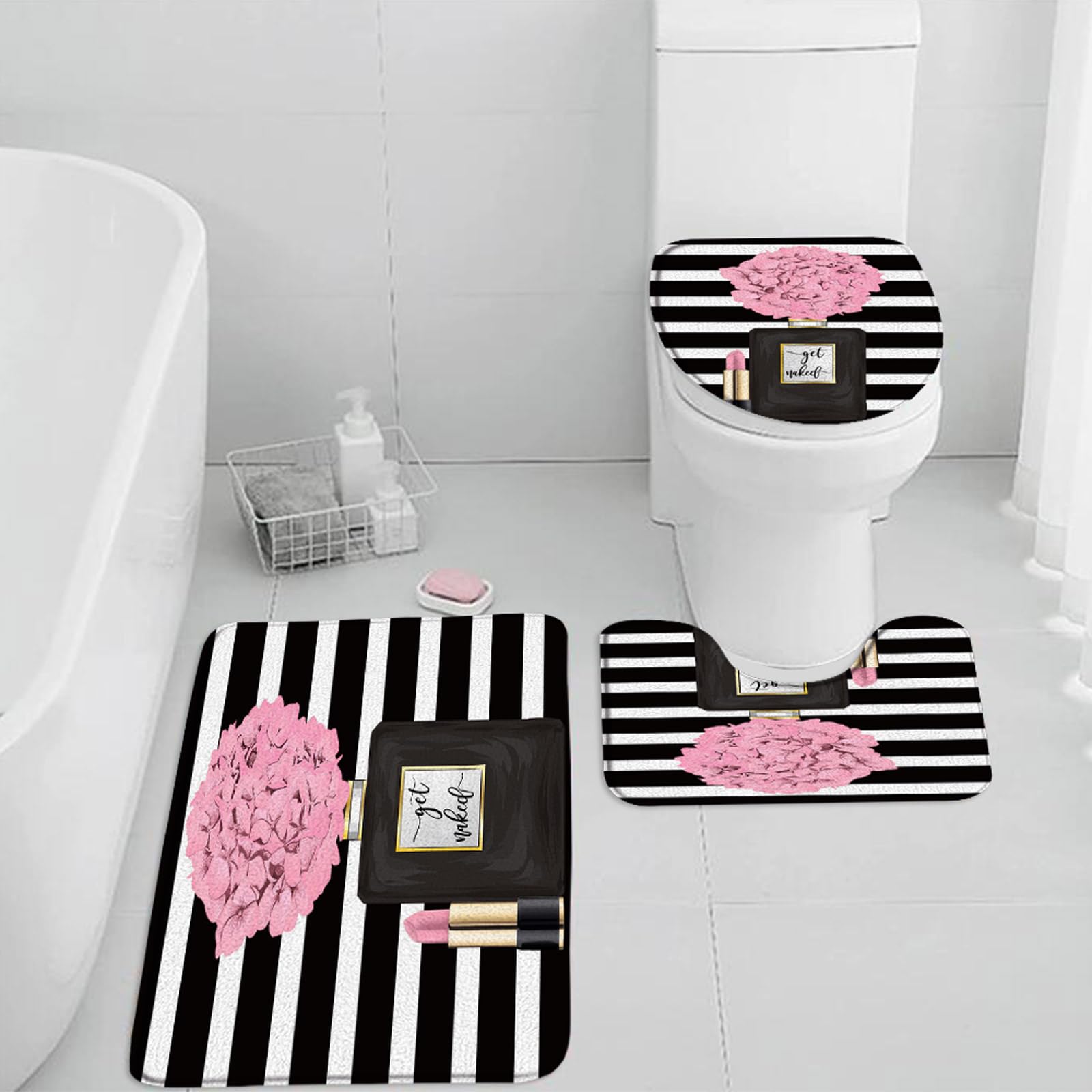 QWRSMYX 3 Pieces Set Fashion Girl Bath Mat Pink Flower Perfume Black White Stripes Lady Lipstick Charming Modern Woman Bathroom Rugs Toilet Lid Cover