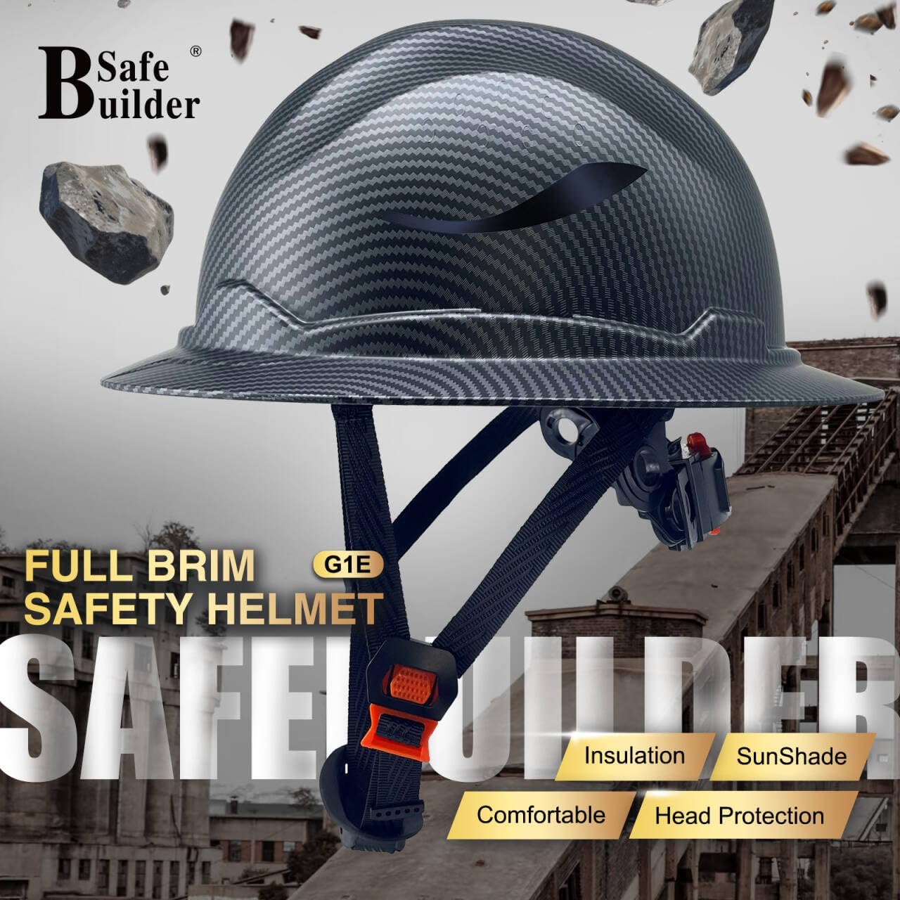 SAFEBUILDER G1E Construction Full Brim Hard Hats ANSI Class E HDPE Safety Helmet Hardhats Sunshade Industrial Head Protection