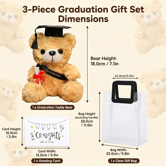 3-Piece Graduation Bear Set, Graduation Teddy Bear with Gift Bag and Card, Academic Milestone Gifts for Graduates, Commemorative Plush Toy for Ceremonies and Displays