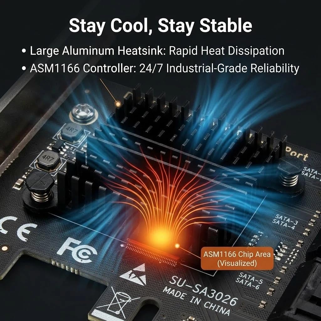 PCIe x4 na 6-portowa karta kontrolera SATA 3.0 do komputera Unraid | PCIe 3.0 x4 6-portowa karta SATA (ASM1166) dla Unraid/TrueNAS. Rozszerzenie pamięci masowej bez RAID 2 GB/s.