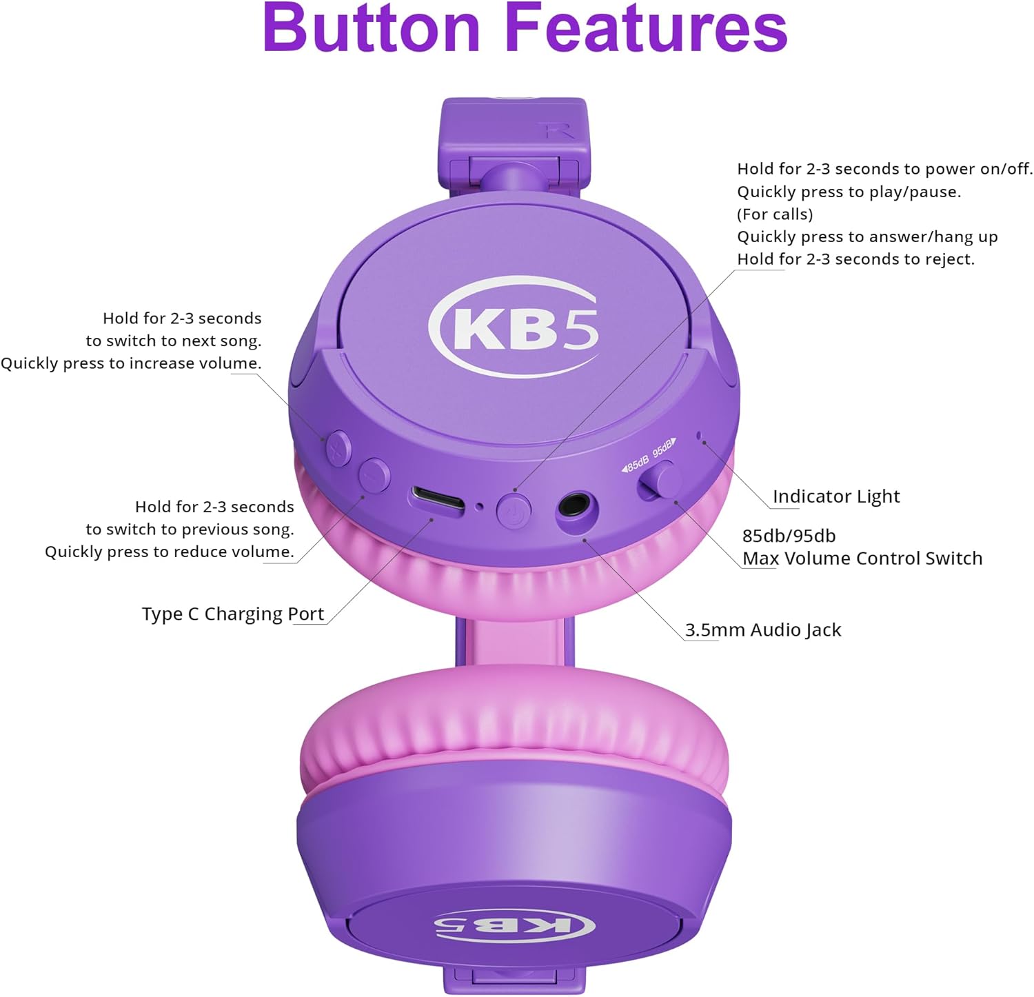 Contixo KB5 Kids Bluetooth Headphones - Wireless Over-Ear Foldable Headphones with Volume Limiter (85dB), Built-in Microphone, Adjustable & Comfortable Design for Boys & Girls - Purple + White