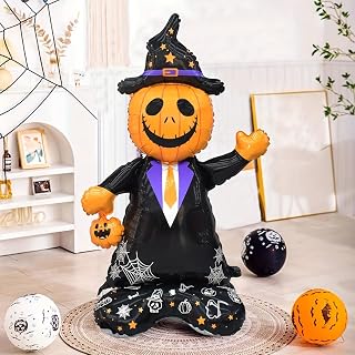 61 Inch Giant Pumpkin Man Aluminum Hanging Ornament with Witch Hat and Tie - Halloween Party Decorations, Haunted House Props, Day of The Dead Celebration-Small