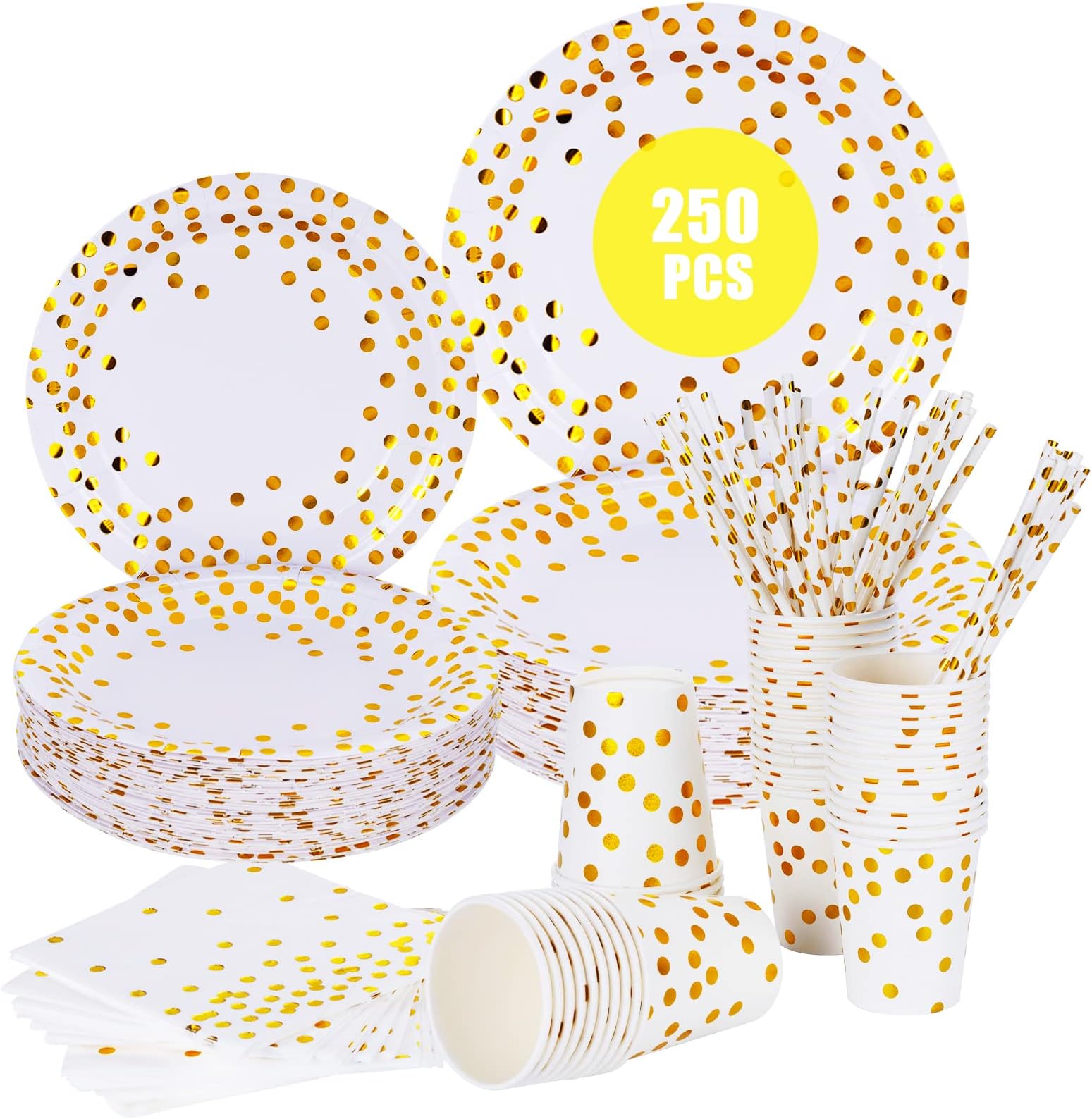 esafio Party Tableware, 250 pcs Party Supplies for Kids, Disposable Tableware Set Include Gold Dot Party Plates, Napkins, Paper Cups and Straws for Birthdays, Parties, Weddings, Anniversary,Christmas