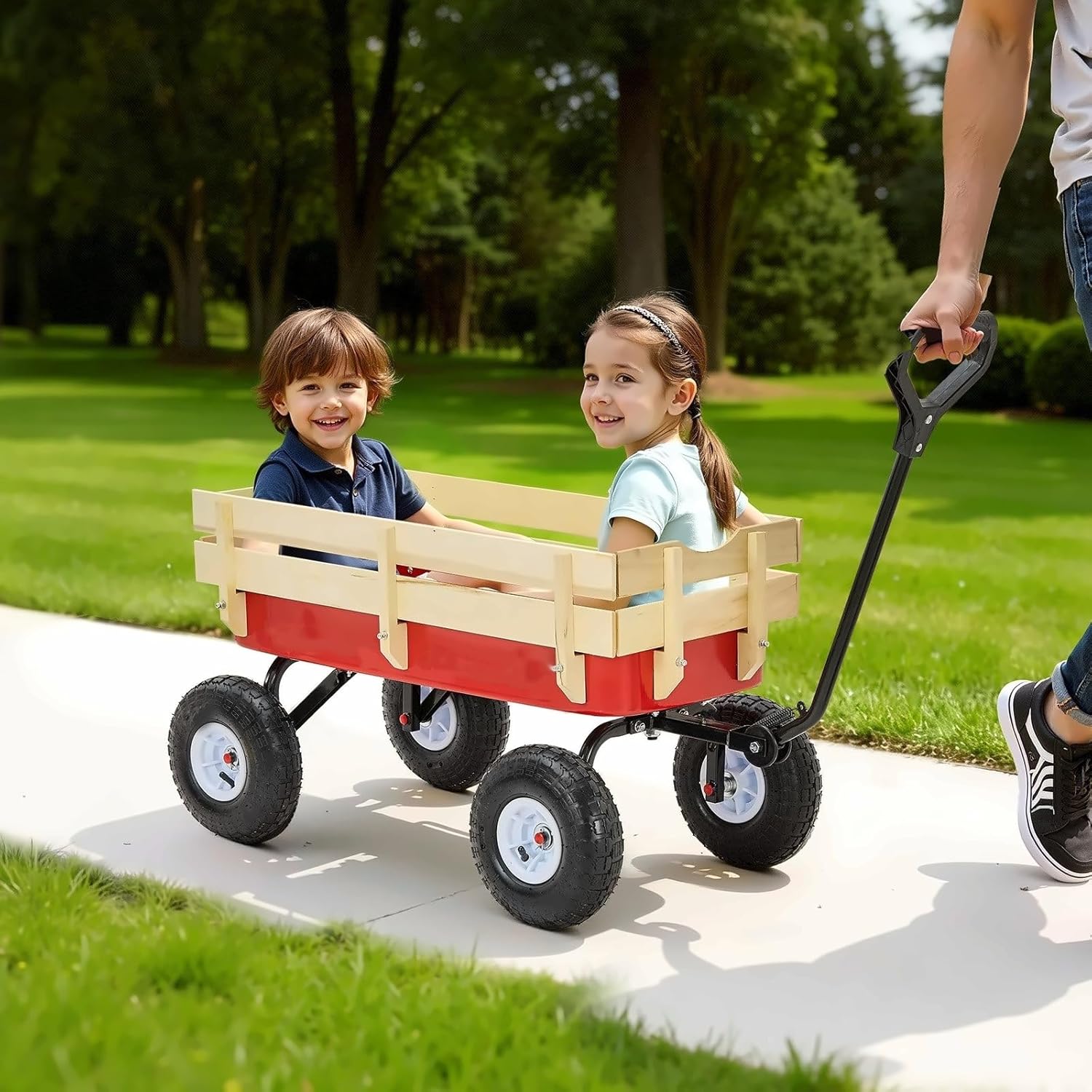 Wagon - 39 inch Pull-Along Wagon, Wooden Panels, 330 lbs Capacity -Utility Wagon for Toddlers, Beach, Camping, Gardening