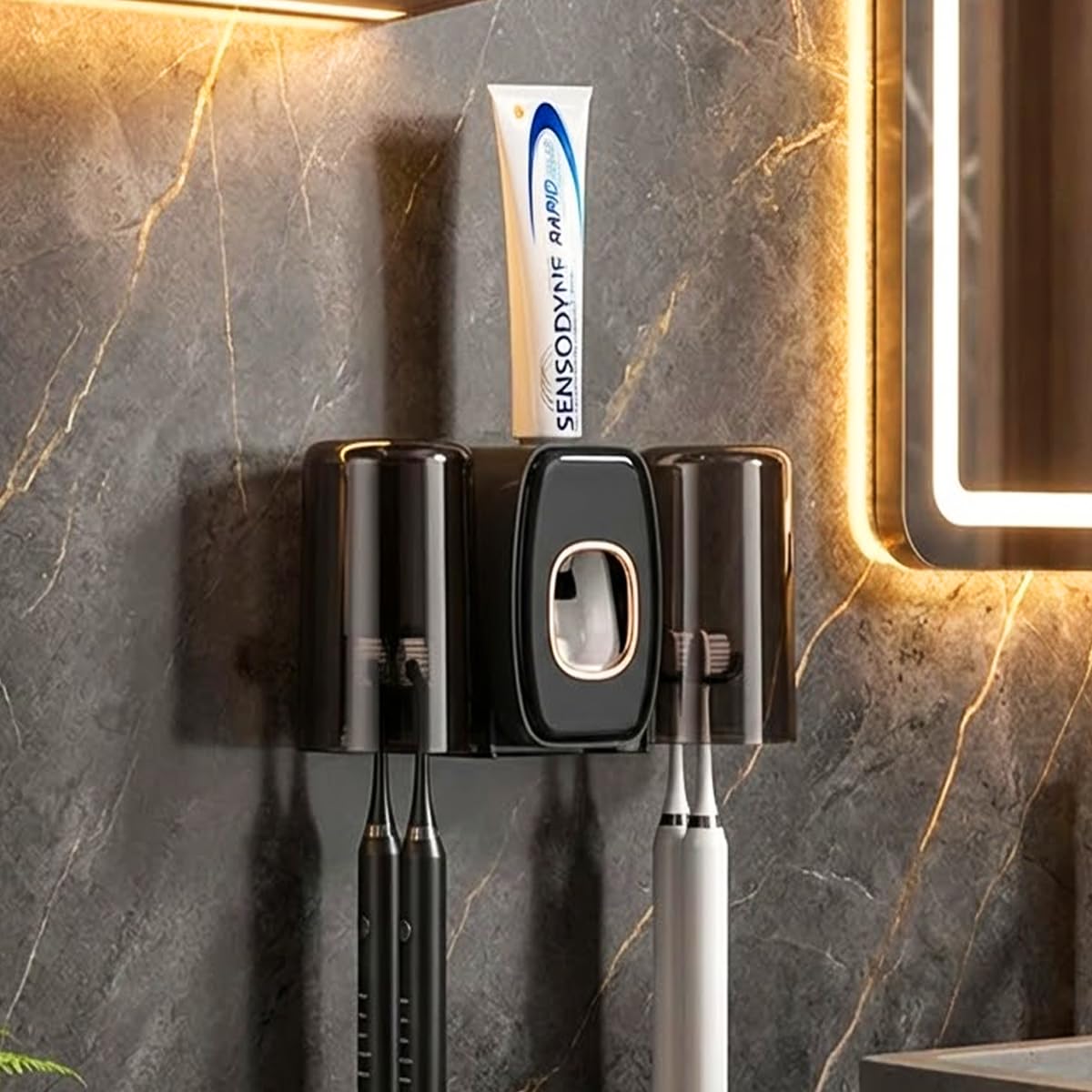 COMFYHOME Tooth Brush Holder Bathroom, Automatic Toothpaste Dispenser, Self Adhesive Toothbrush Storage Organizer, Toothbrush Hanger with 2 Mouthwash Cups, 4 Slots Wall Mount Toothbrush Holder-picture-13