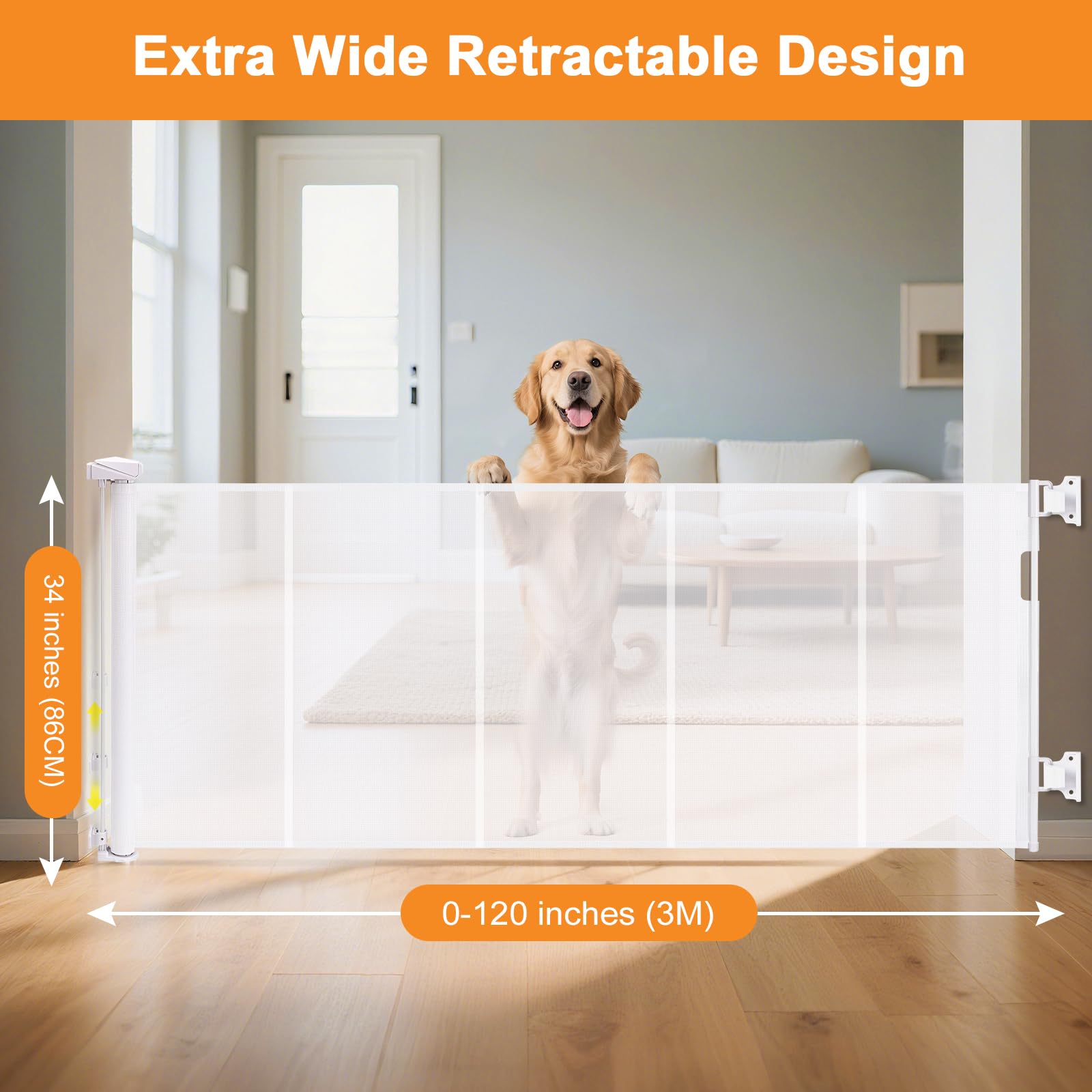 Extra Wide Retractable Baby Gates Pet Gate for Wide Openings Long Dog gate with Rods to Prevent Crawling Through, One Handed Operation,Dog Gates for Doorways Indoor Outdoor - Image 2