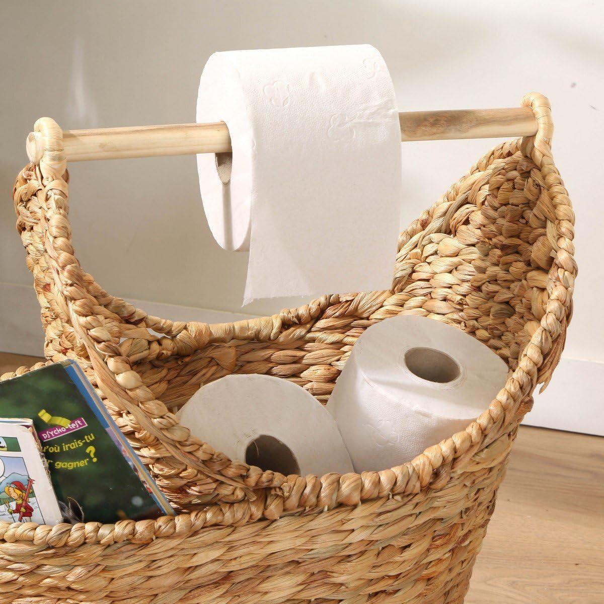 Calicosy – Panier de Rangement en Jacinthe d’Eau pour Papier Toilette – Naturel, avec Poignée – L39 x P28 x H42 cm – Rangement WC Pratique et Décoratif