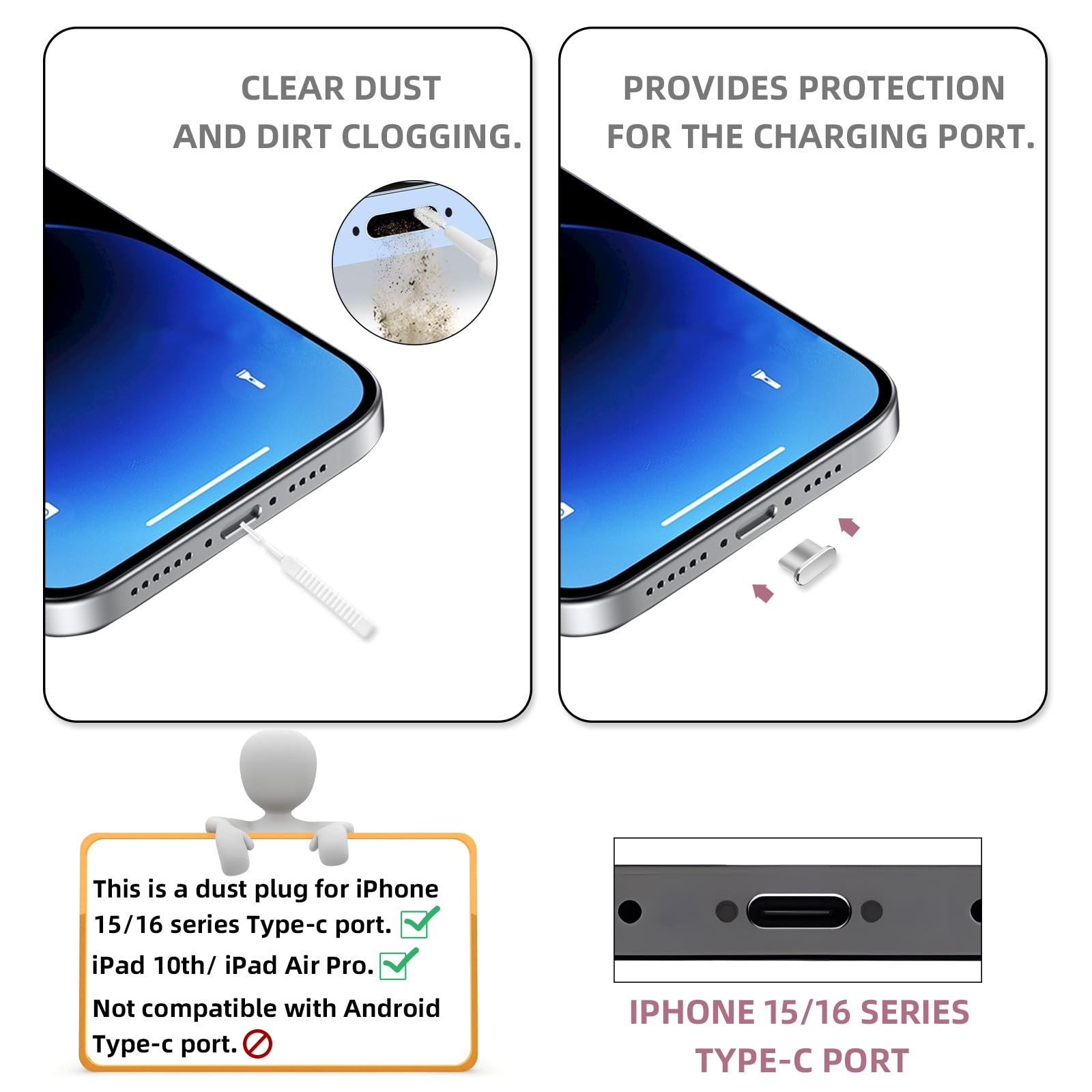 Marjoramy 10 Pezzi Tappo Antipolvere Per Tipo C E IPhone – Set Con 5 Cover In Alluminio, 5 In Silicone E Spazzola, Proteggi Porta Di Ricarica