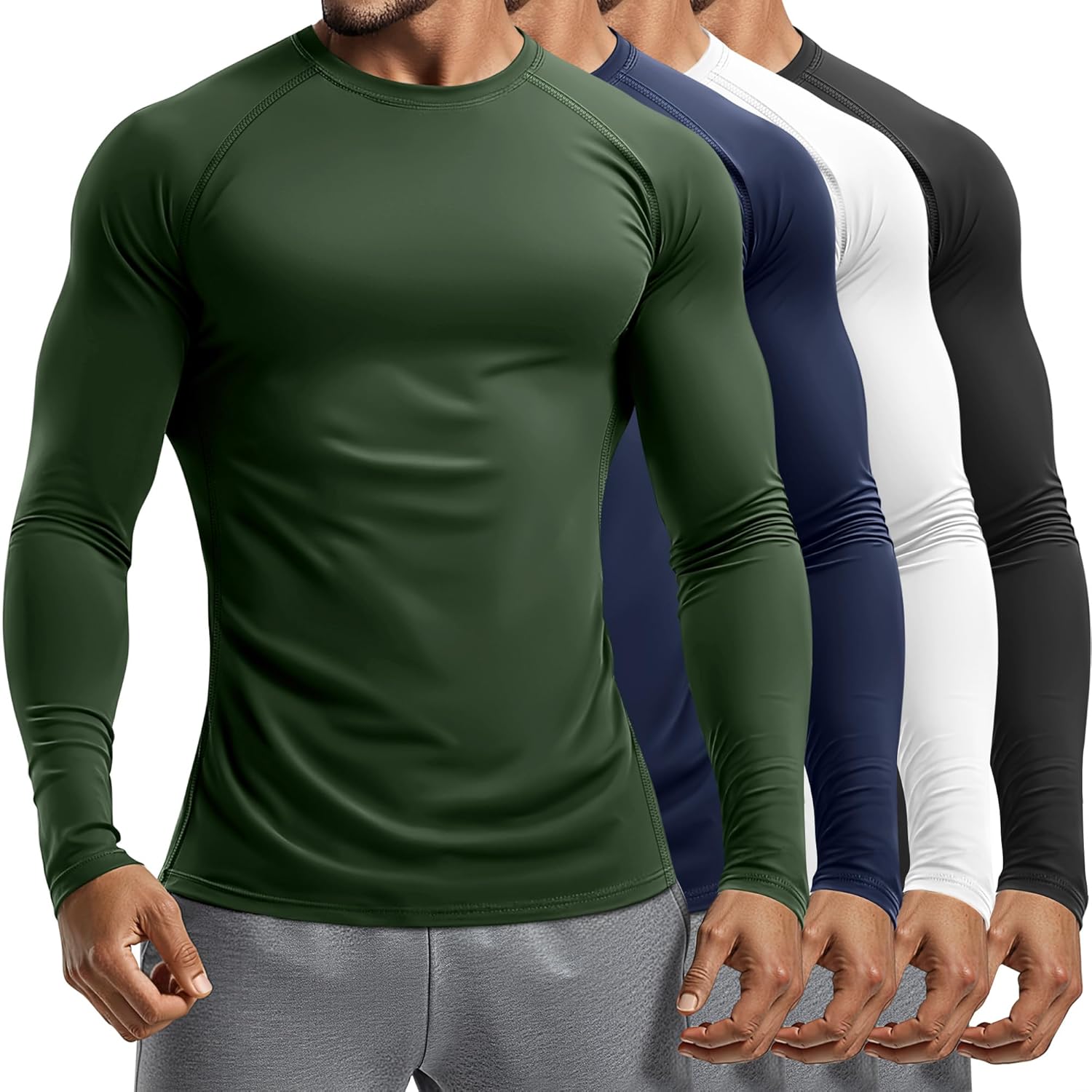August Alley 4 Pack Mens Long Sleeve Compression Shirts Crew Neck Workout Tight Tops Athletic Base Layer Undershirts