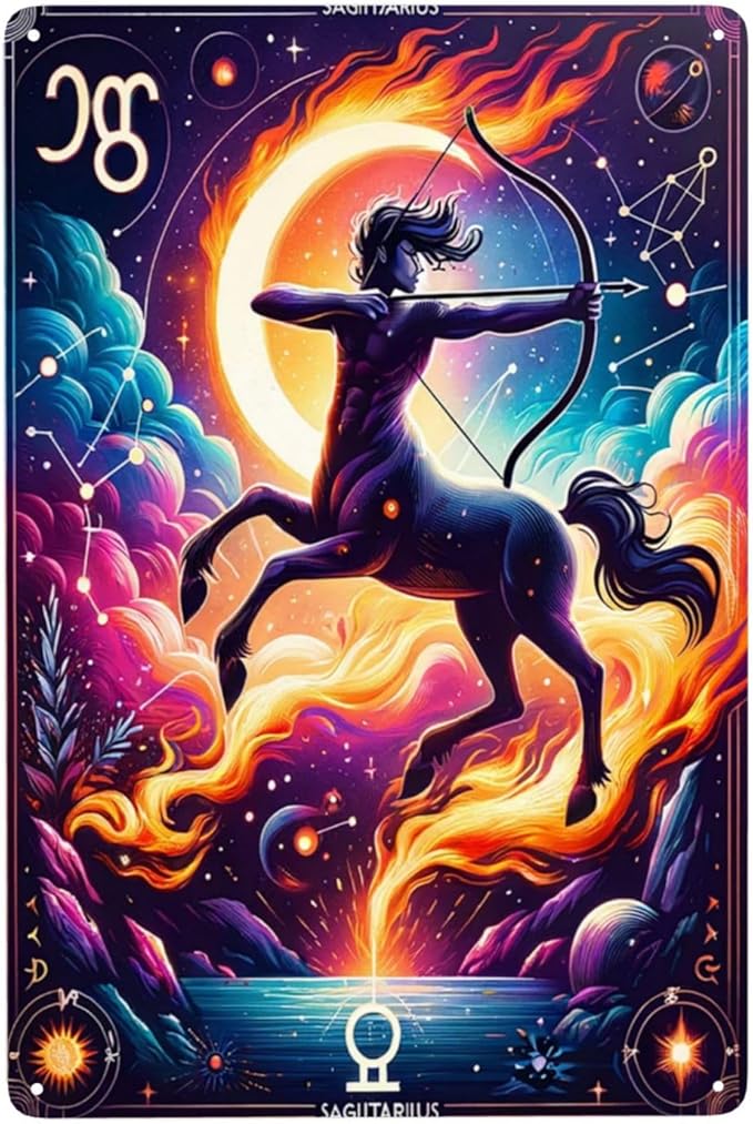Sagittarius Archer Zodiac Sign Vintage Tin Wall Art Star Sign Astrology Home Decor,Metal Tinplate Poster Plaque for Indoor Outdoor,Mystical Celestial Decor for Living Room,Bar,cafe,Man Cave 12x8inch