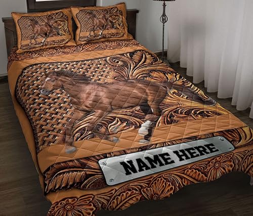 OhaPrints Juego de ropa de cama y fundas de almohada con diseño de madera de escultura de caballo personalizados, regalos únicos con nombre