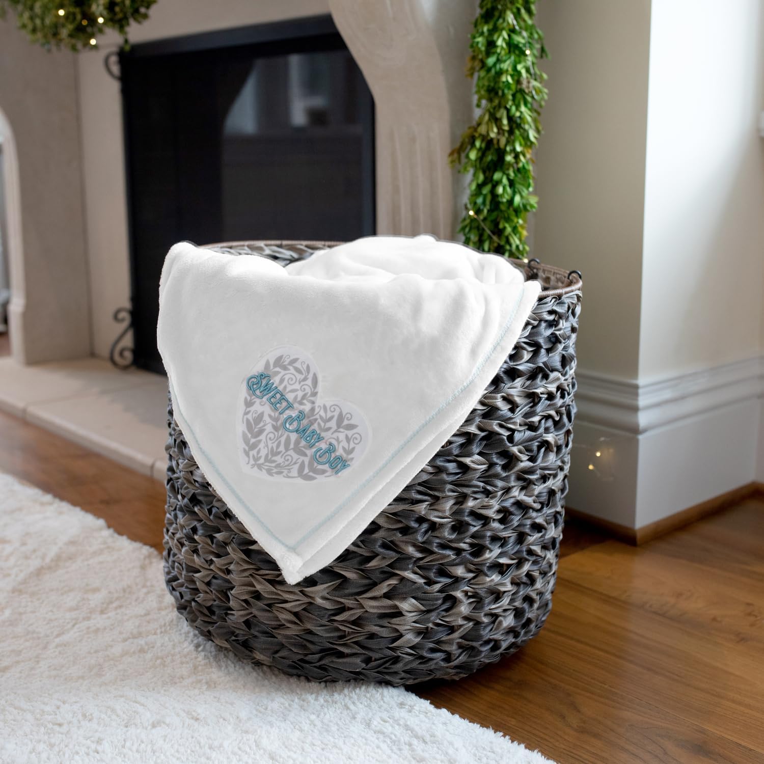 Pavilion Gift Company - Sweet Baby Boy - 30" x 40" Embroidered Sentiment Vines Heart 320 GSM Royal Plush Soft Baby Blanket Throw Essentials Newborn Cover-Up Wrap Shower Gift Sprinkle Party Present