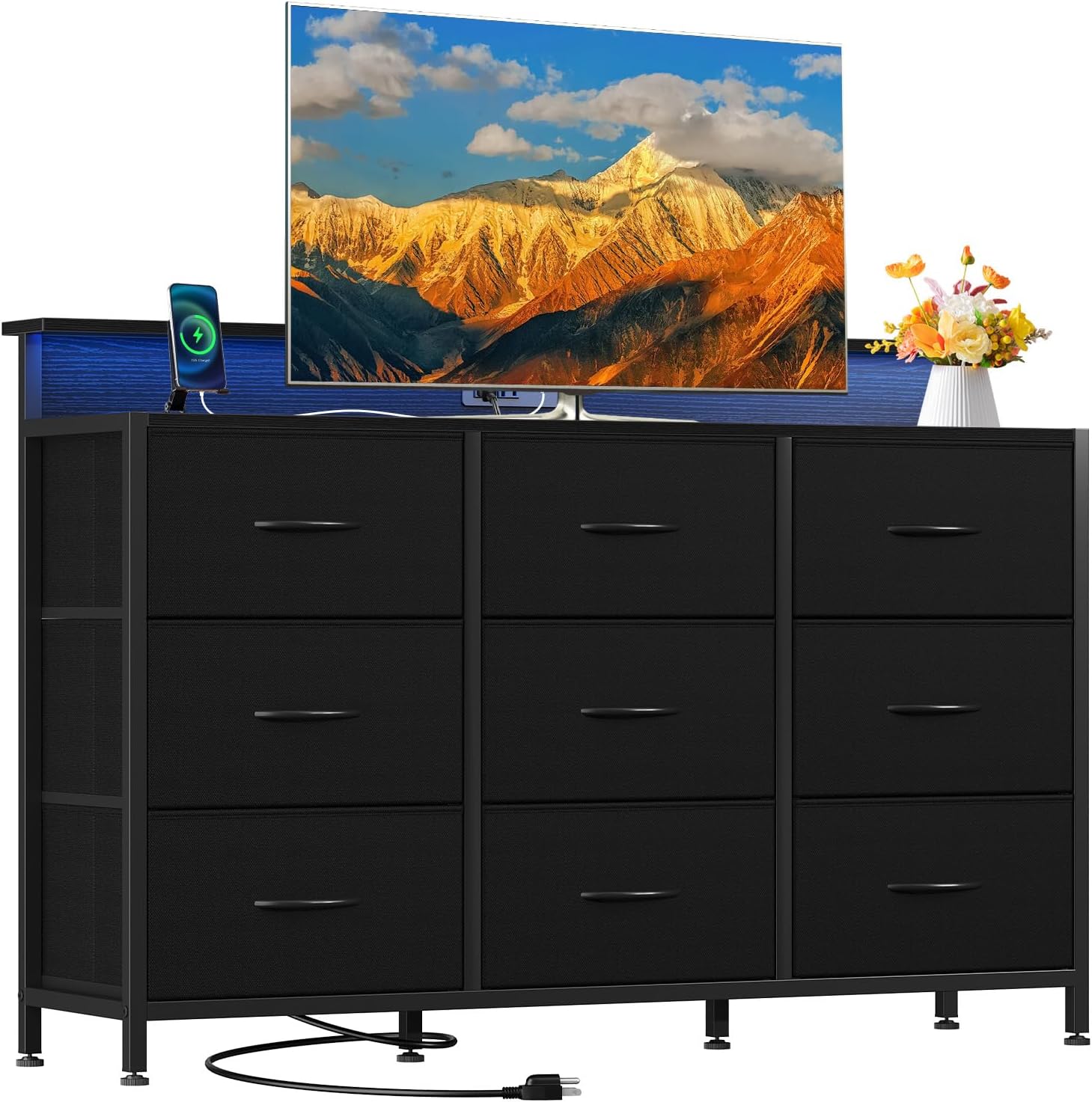 DUMOS TV Stand Dresser with 9 Fabric Drawers and Open Shelves, Entertainment Center with LED Lights, Charging Station for Bedroom, Wood Top Media Console for 45-55 inch TV Stand with Storage, Black