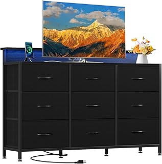 DUMOS TV Stand Dresser with 9 Fabric Drawers & Open Shelves, Entertainme...