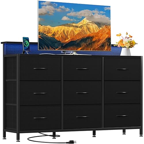 DUMOS TV Stand Dresser with 9 Fabric Drawers and Open Shelves, Entertainment Center with LED Lights, Charging Station for Bedroom, Wood Top Media Console for 45-55 inch TV Stand with Storage, Black