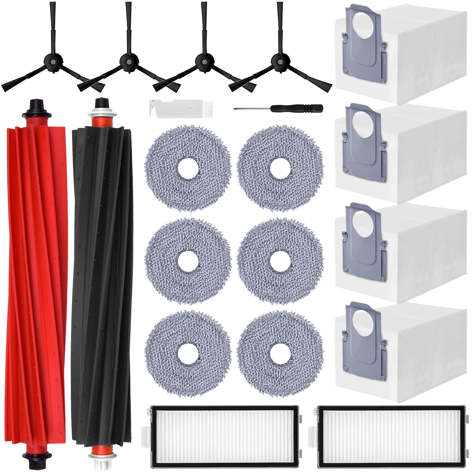 Accessory Set for Roborock Qrevo Master/Qrevo Slim, 4 x Dust Bags, 2 x Main Roller Brushes, 4 x Side Brushes, 2 x Filters, 6 x Mop Wipes, Replacement Parts Robot Vacuum Cleaner Accessories