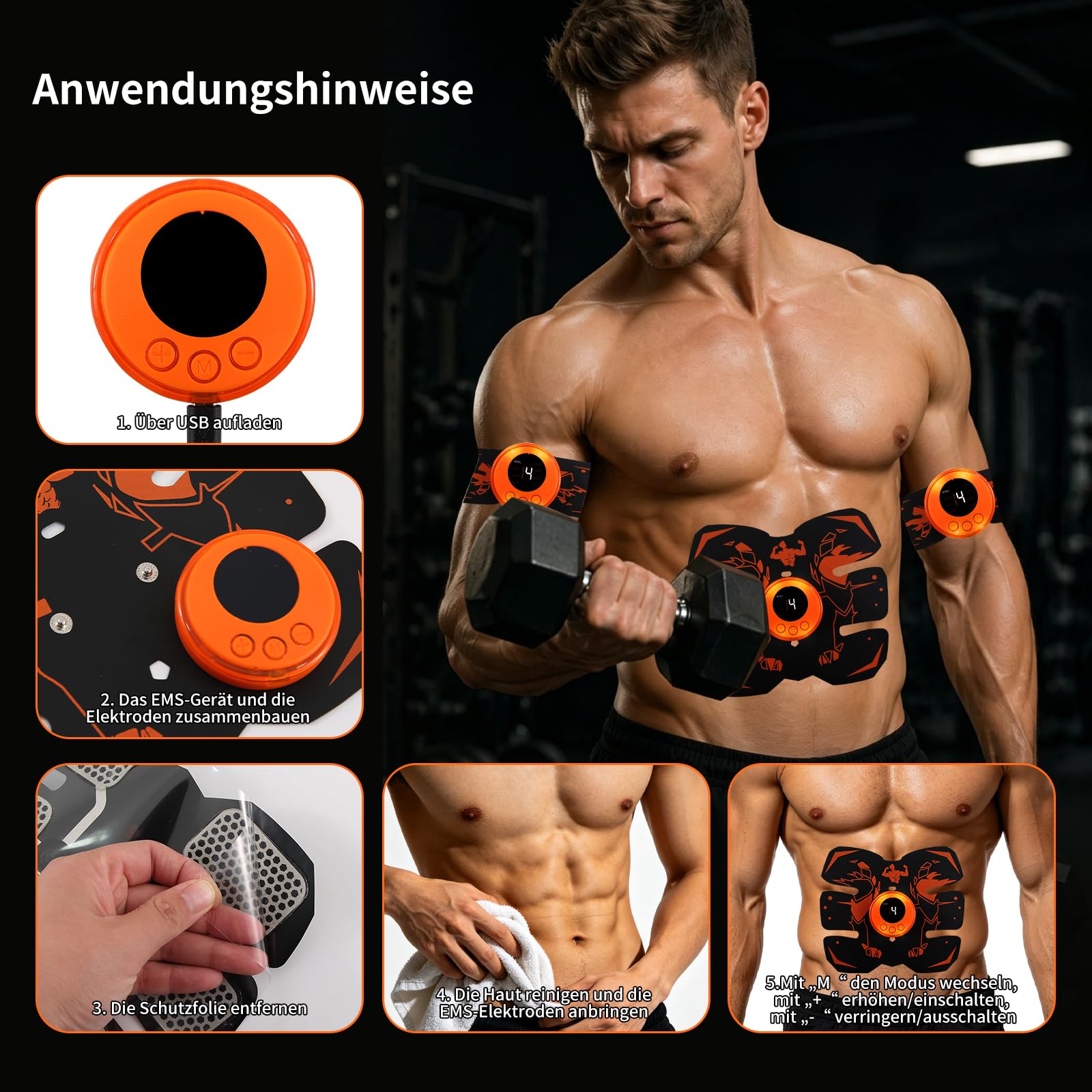 EMS Bauchmuskeltrainer, EMS Trainingsgerät, 8 Modiund 19 Stufen, Bauchmuskeltrainer elektrisch, USB Wiederaufladbarer, für die Bauch und Körpertrainig, Aktivierung des gesamten Körpers